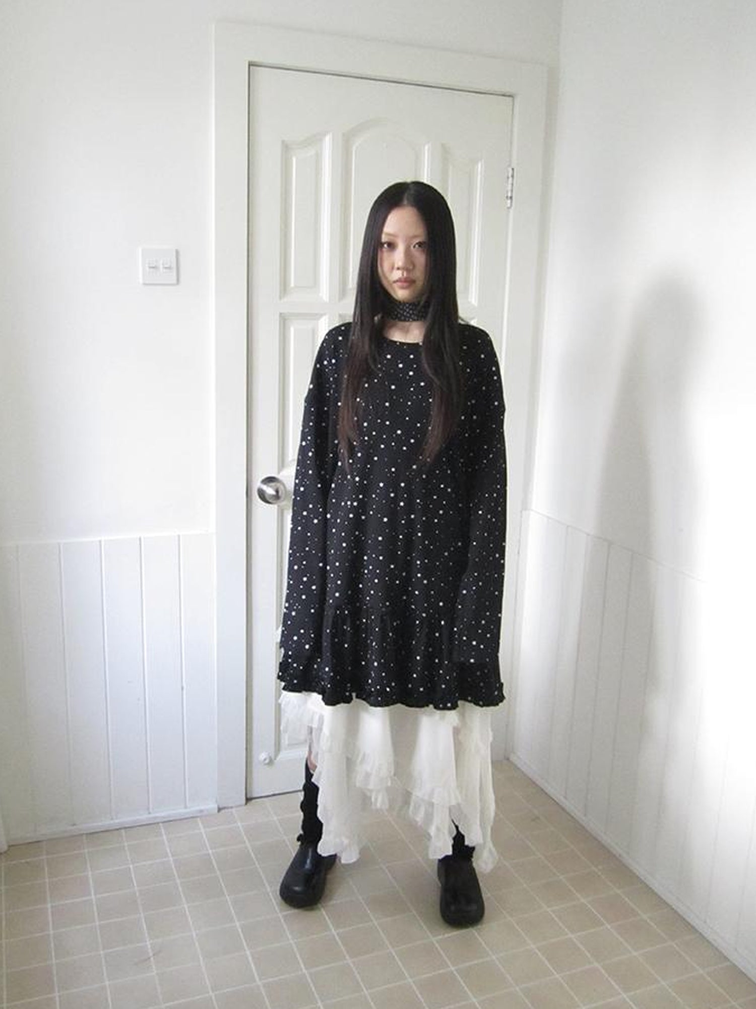 Updateang project Stars Print Lace Trim Oversized Long Sleeve Tee