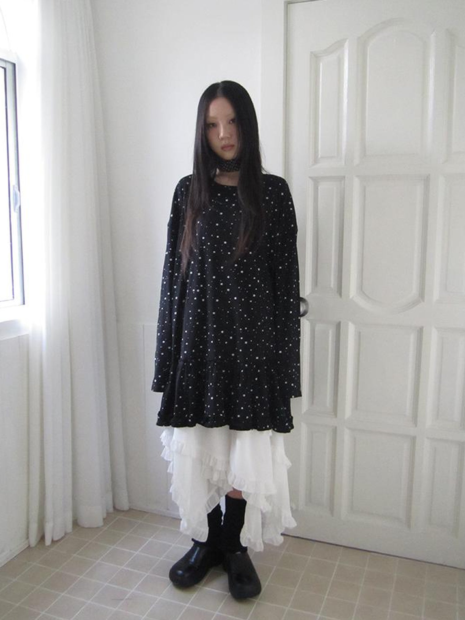 Updateang project Stars Print Lace Trim Oversized Long Sleeve Tee