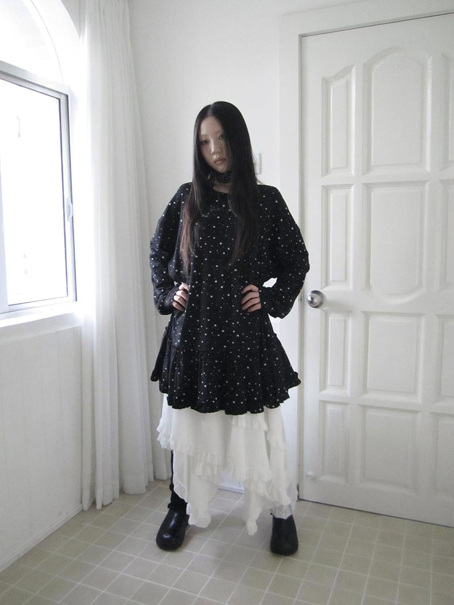Updateang project Stars Print Lace Trim Oversized Long Sleeve Tee