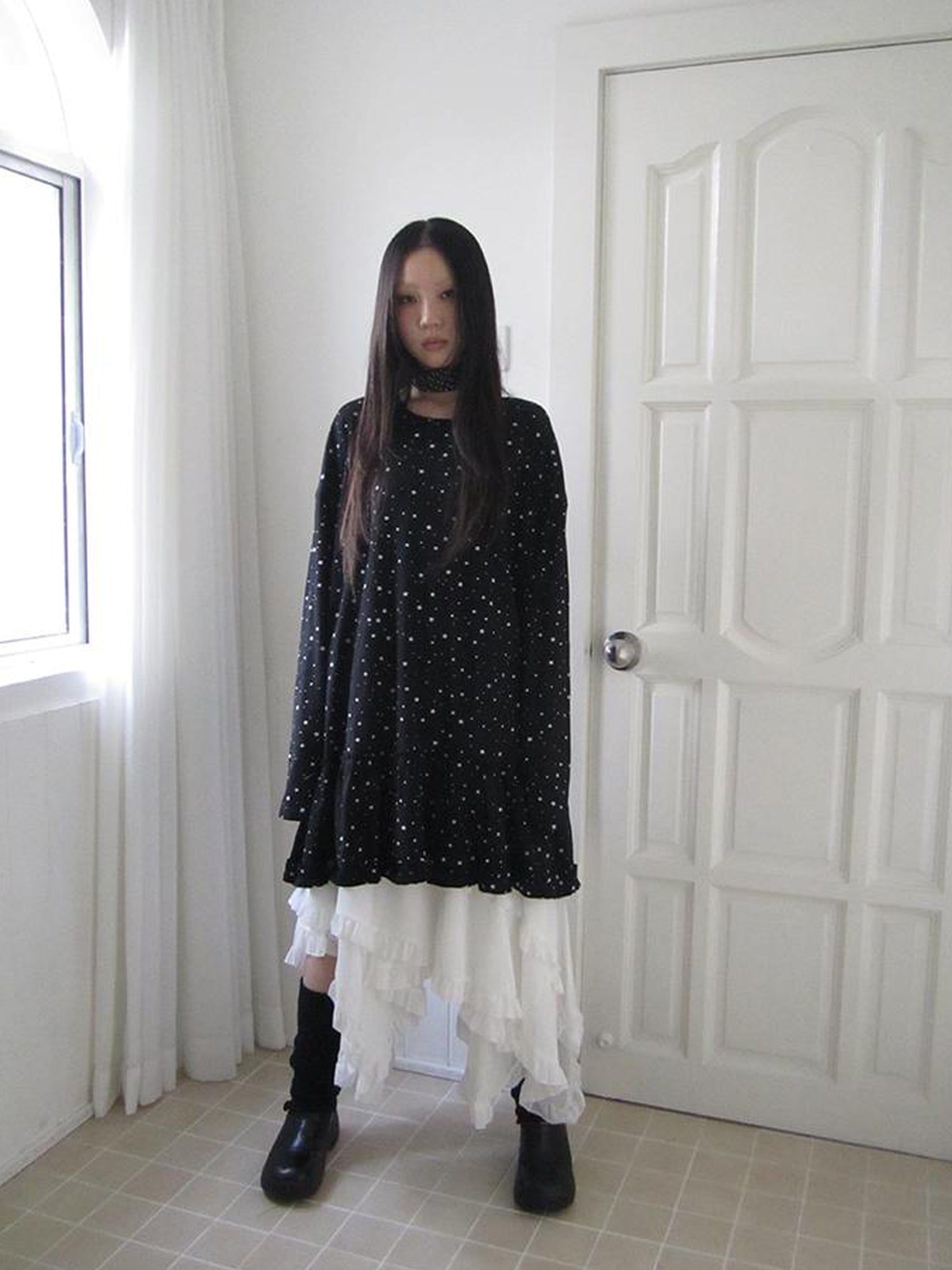 Updateang project Stars Print Lace Trim Oversized Long Sleeve Tee