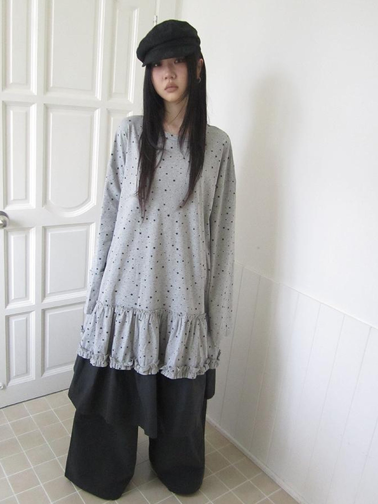 Updateang project Stars Print Lace Trim Oversized Long Sleeve Tee