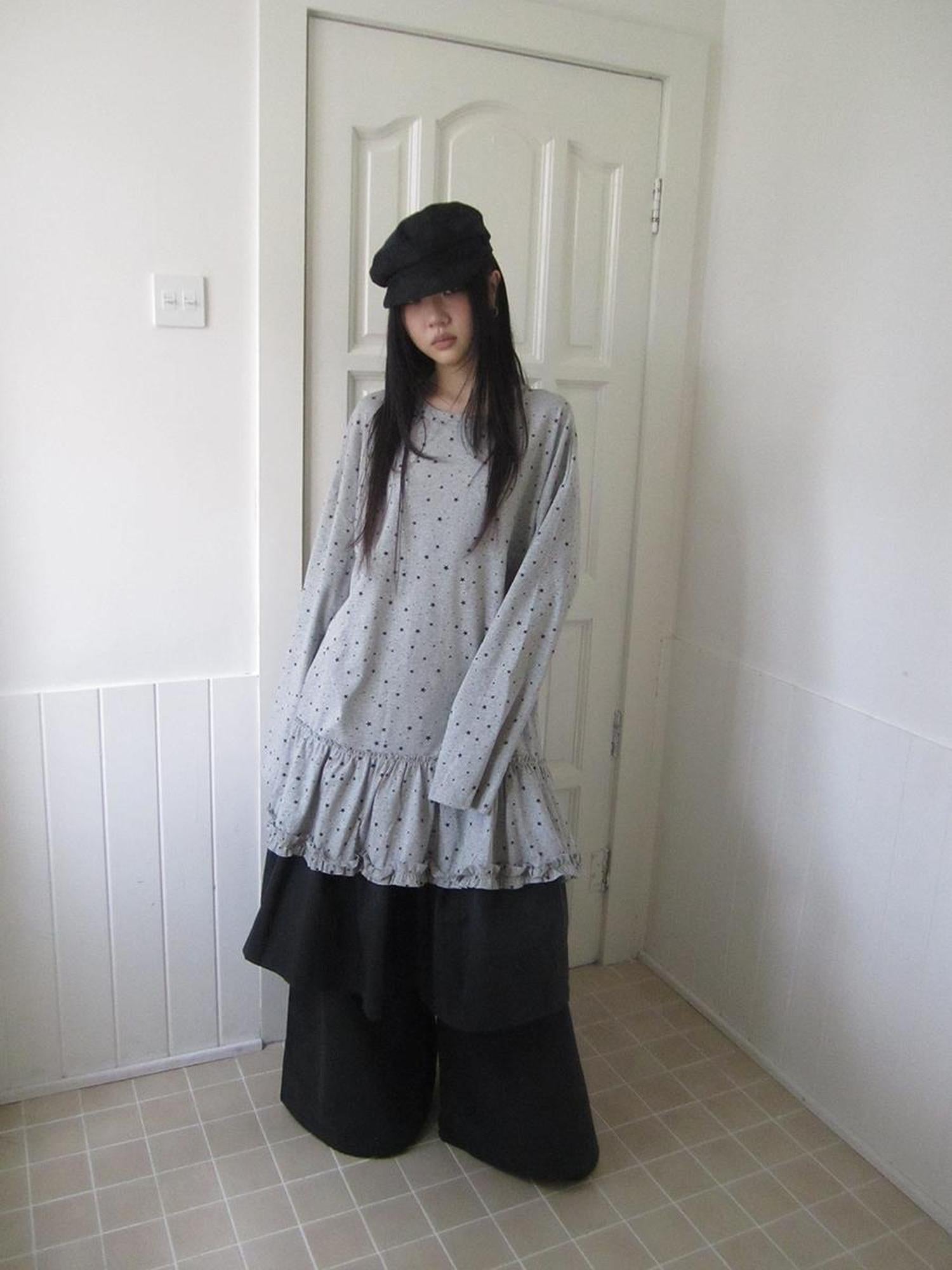 Updateang project Stars Print Lace Trim Oversized Long Sleeve Tee