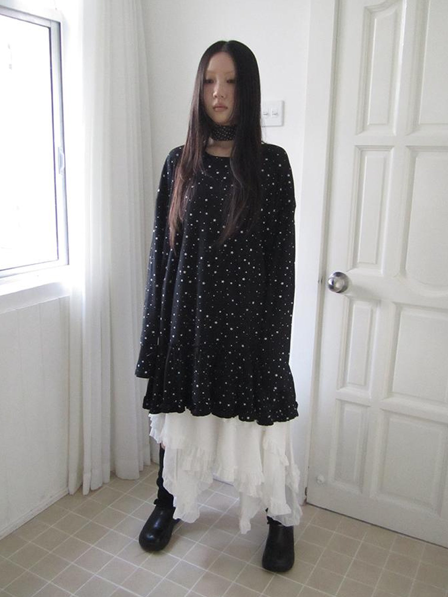 Updateang project Stars Print Lace Trim Oversized Long Sleeve Tee