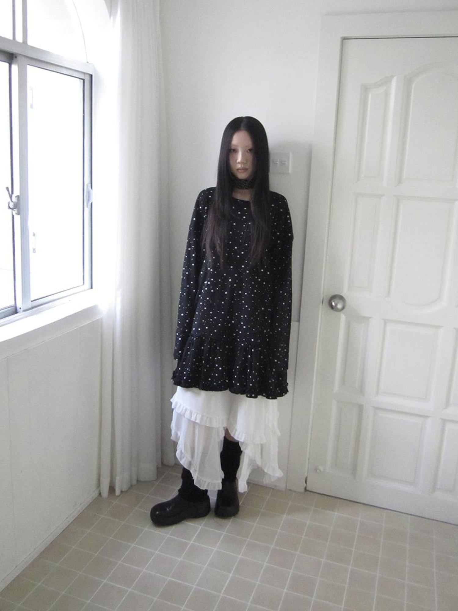 Updateang project Stars Print Lace Trim Oversized Long Sleeve Tee