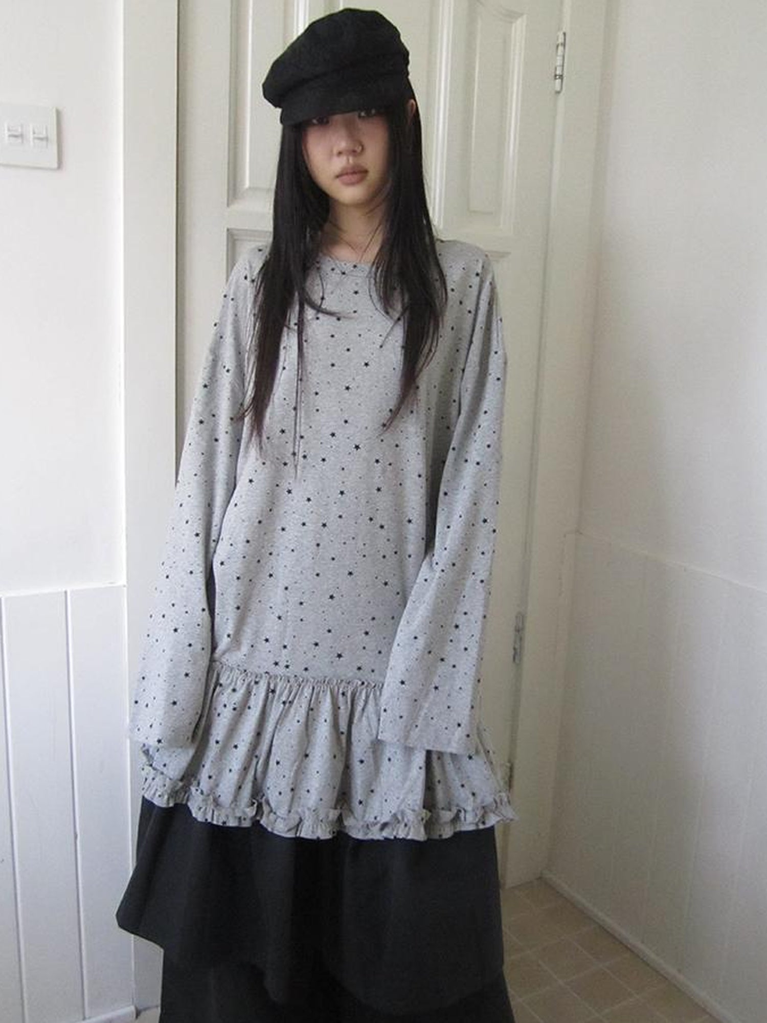 Updateang project Stars Print Lace Trim Oversized Long Sleeve Tee