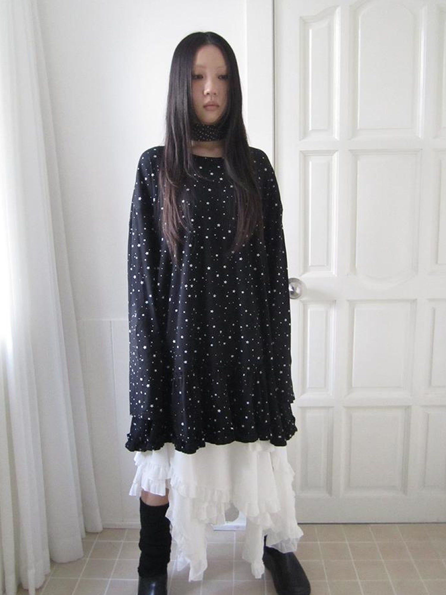 Updateang project Stars Print Lace Trim Oversized Long Sleeve Tee