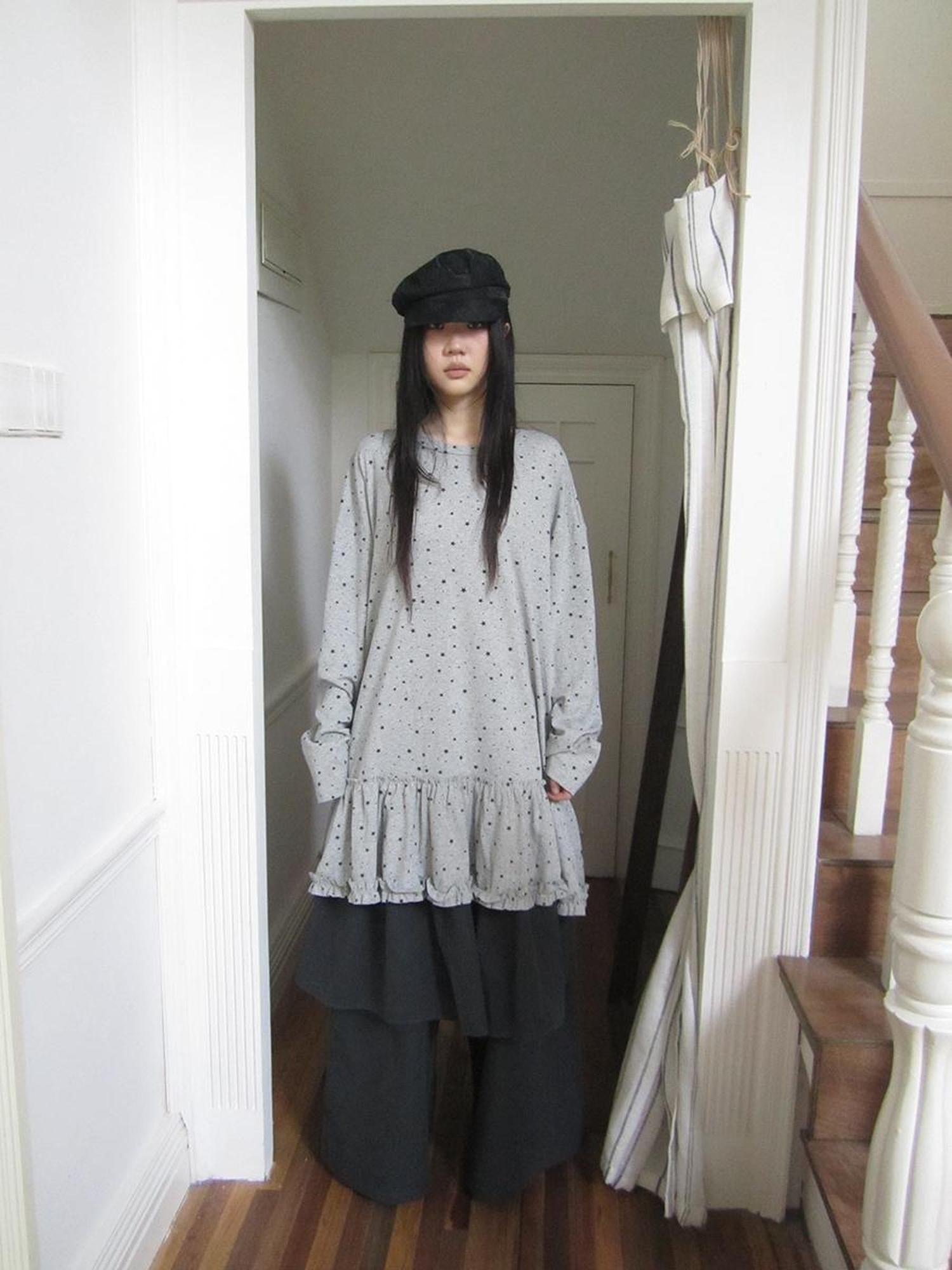 Updateang project Stars Print Lace Trim Oversized Long Sleeve Tee