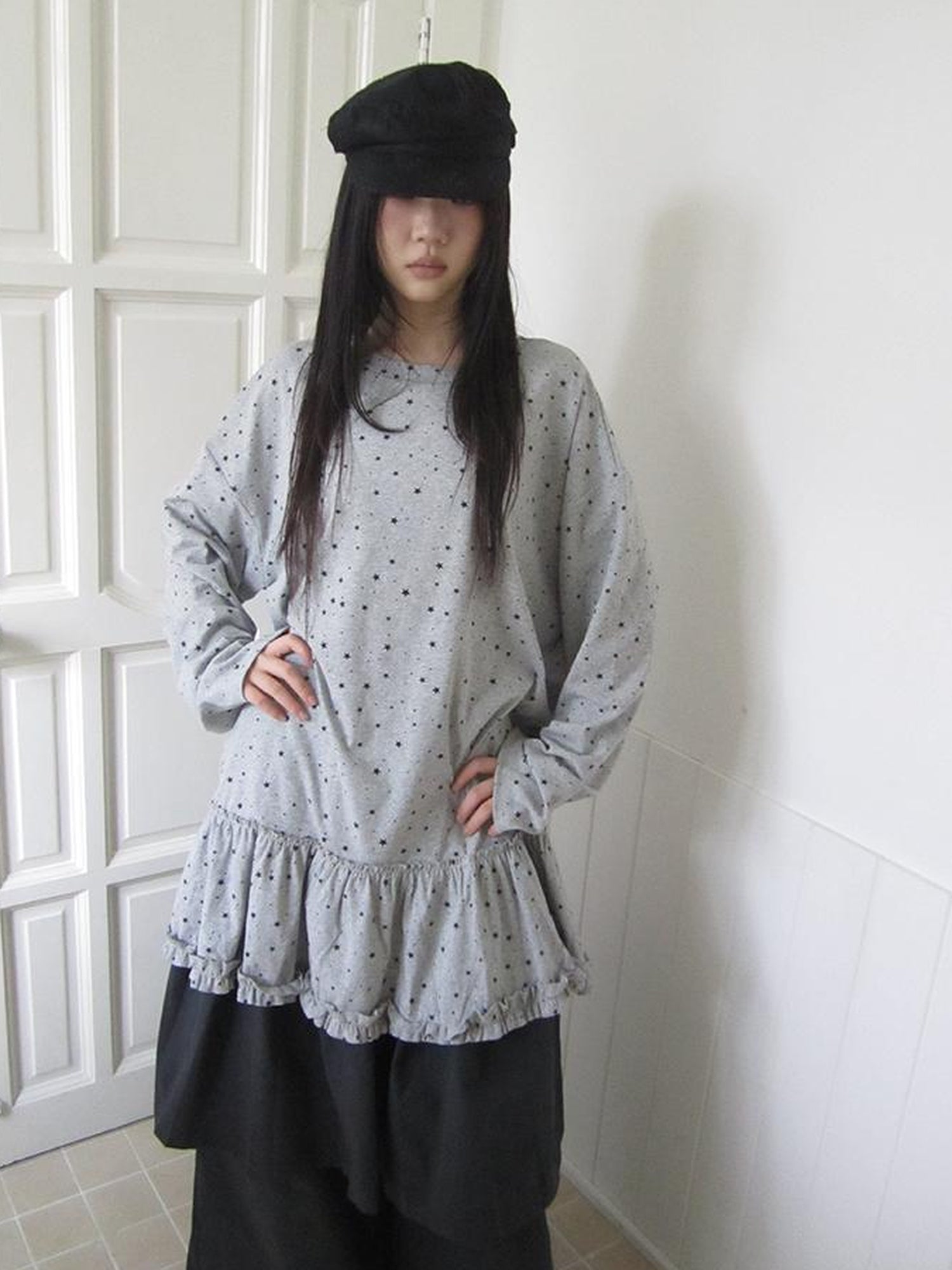 Updateang project Stars Print Lace Trim Oversized Long Sleeve Tee
