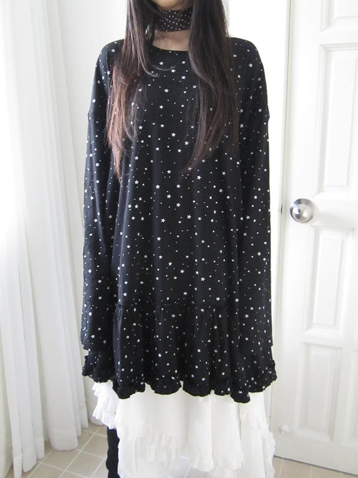 Updateang project Stars Print Lace Trim Oversized Long Sleeve Tee