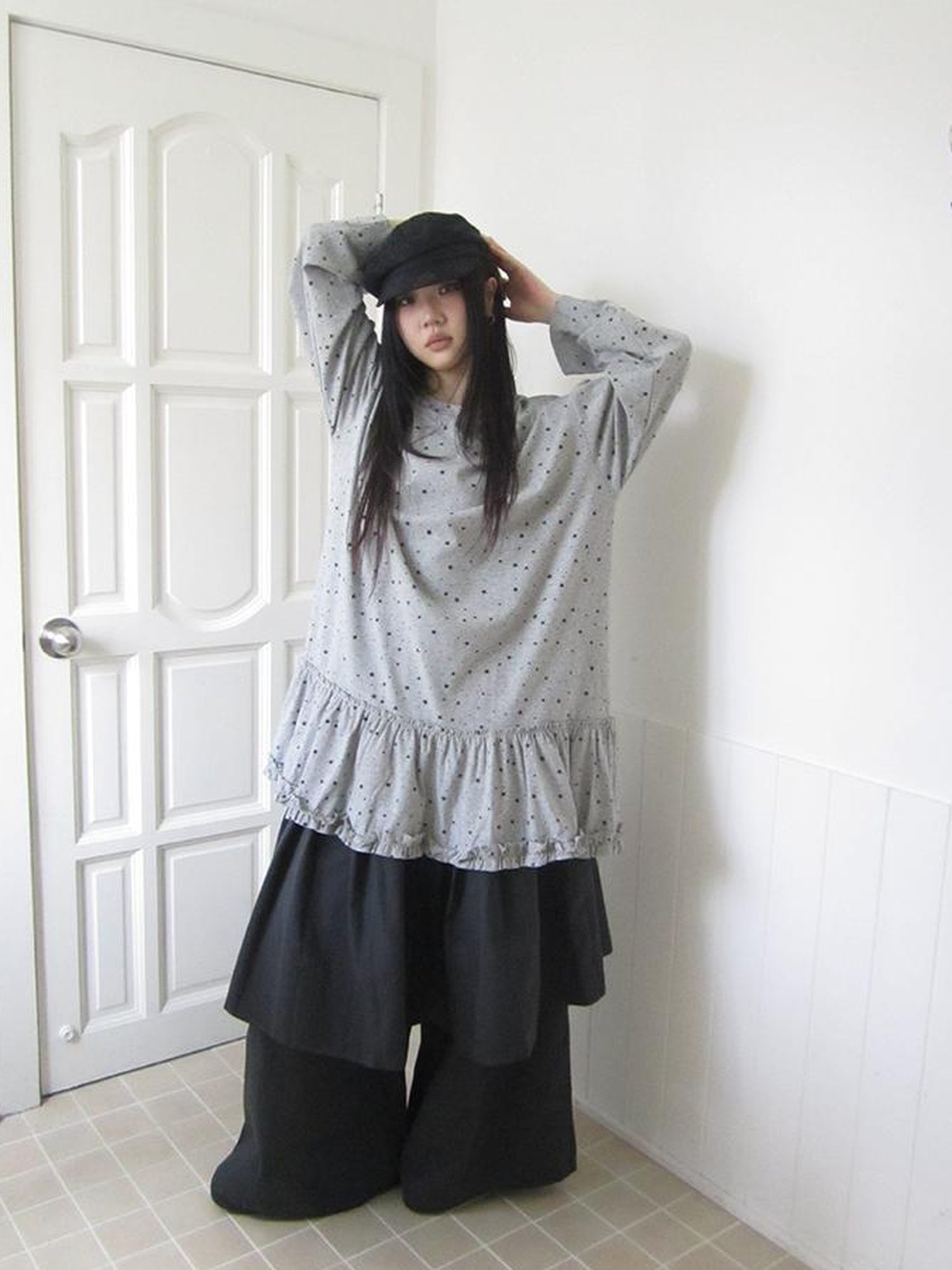 Updateang project Stars Print Lace Trim Oversized Long Sleeve Tee