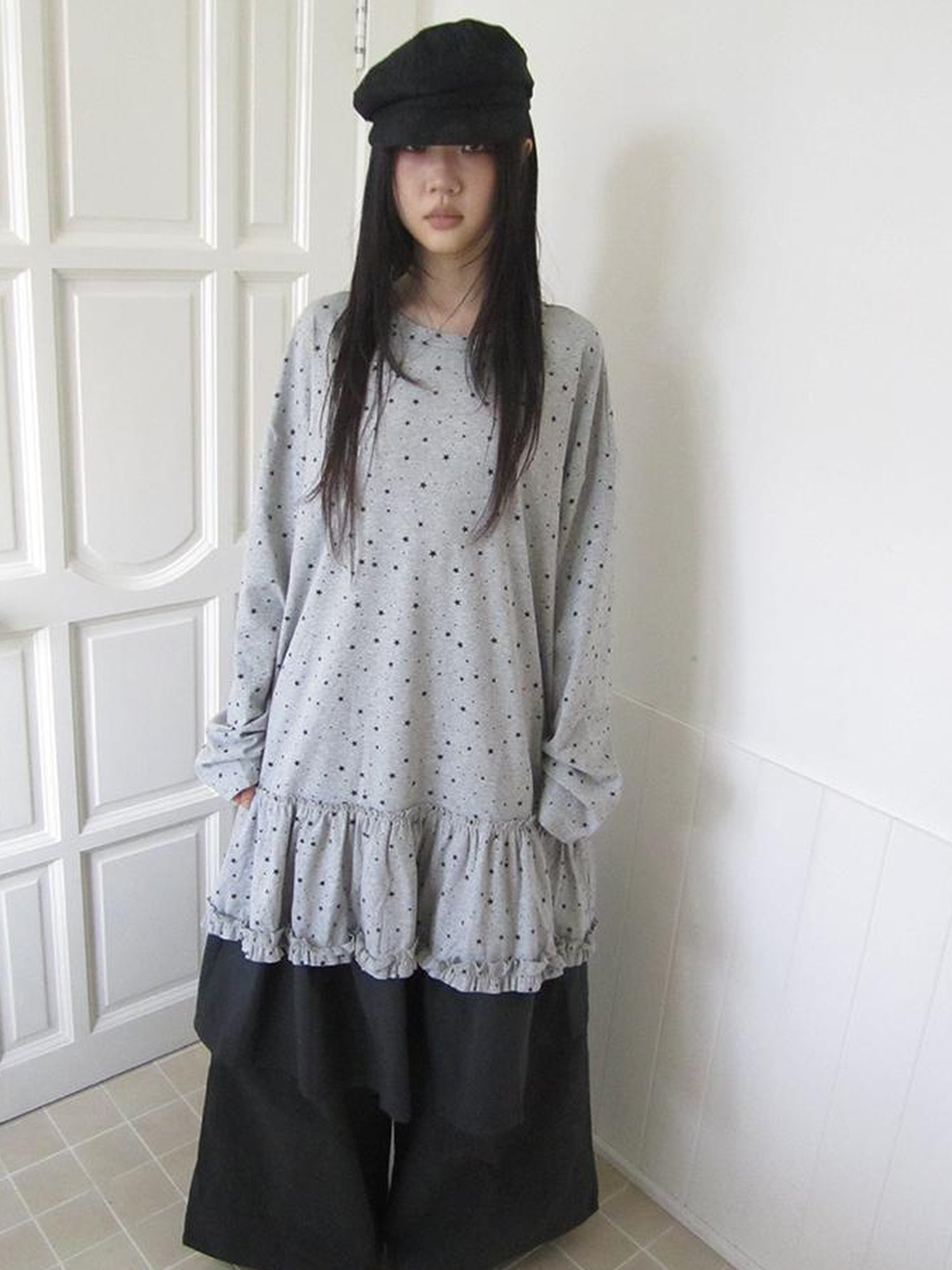 Updateang project Stars Print Lace Trim Oversized Long Sleeve Tee