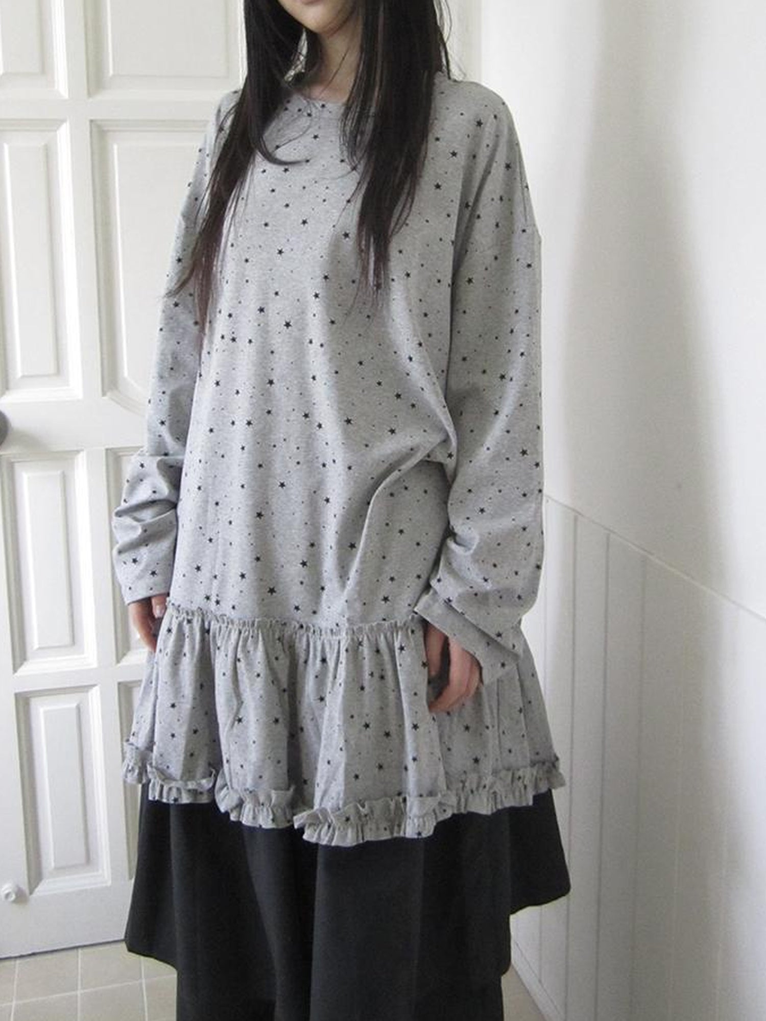 Updateang project Stars Print Lace Trim Oversized Long Sleeve Tee