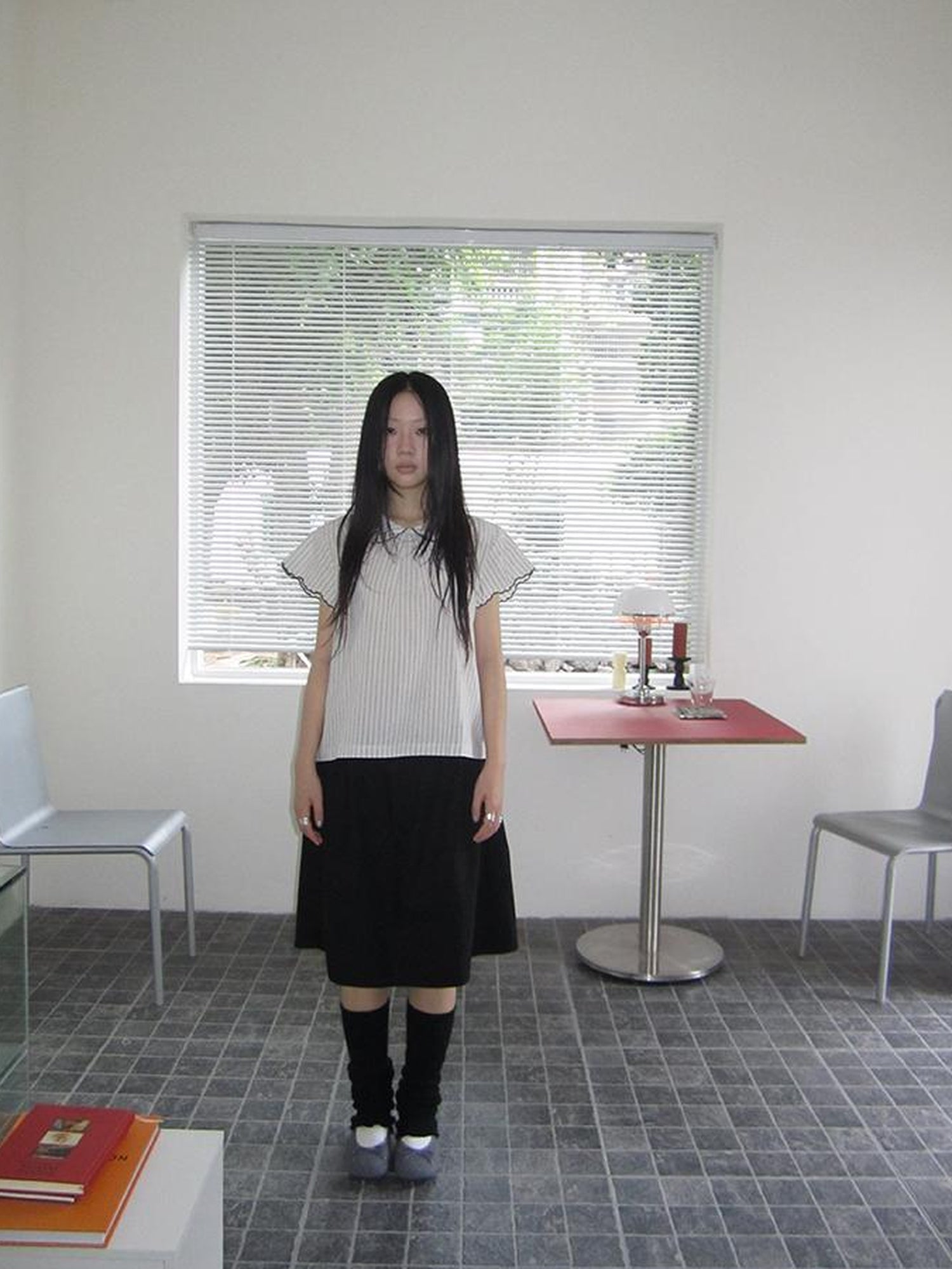 ang project Striped Ruffle Collar Blouse