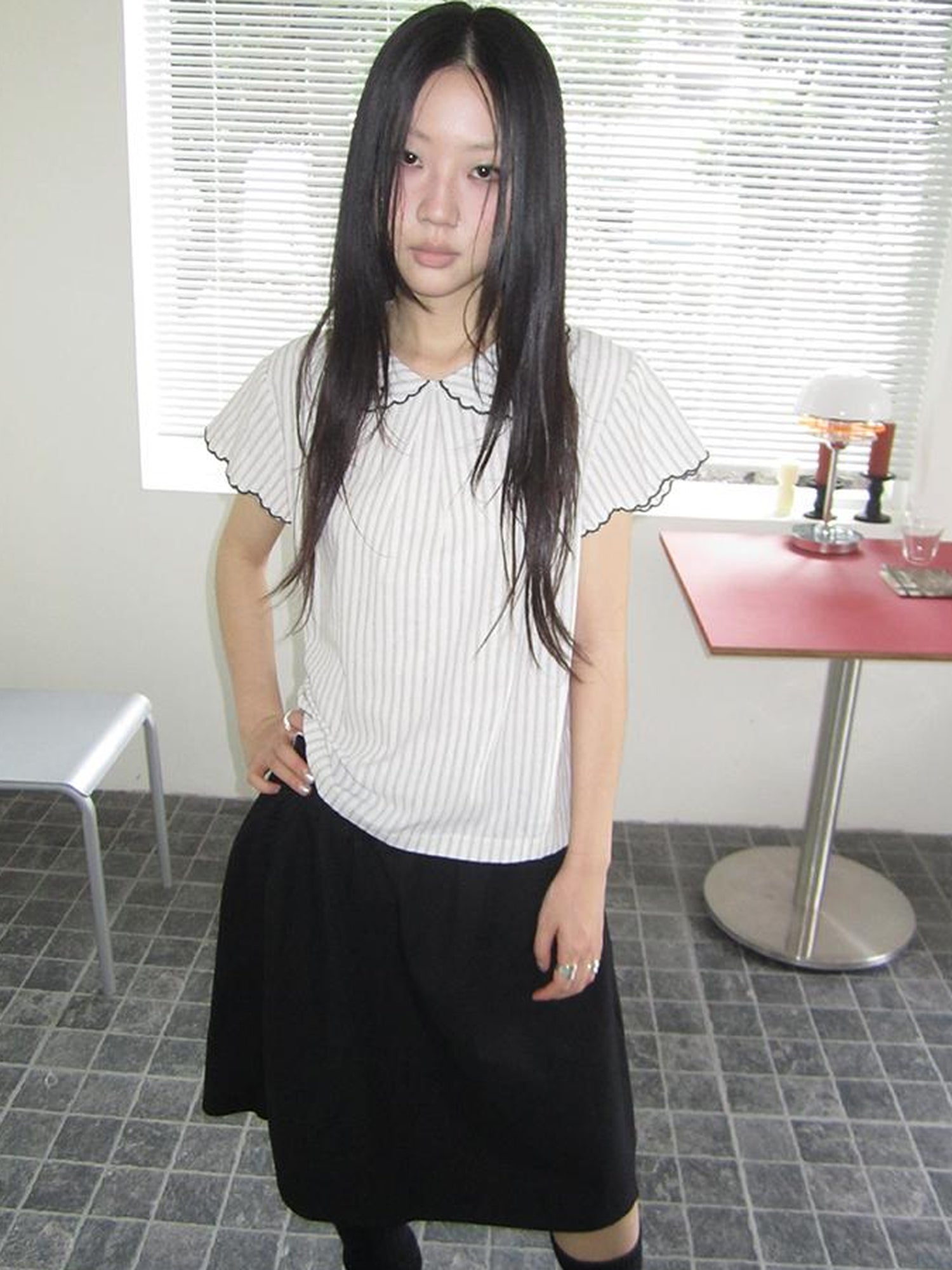 ang project Striped Ruffle Collar Blouse
