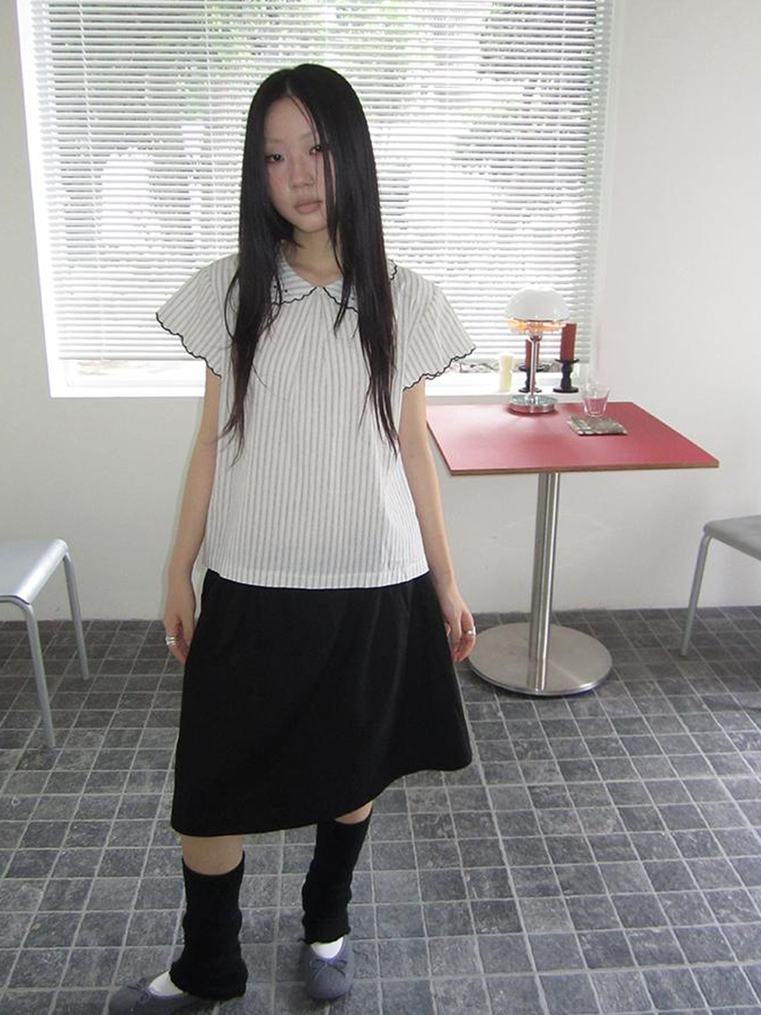 ang project Striped Ruffle Collar Blouse