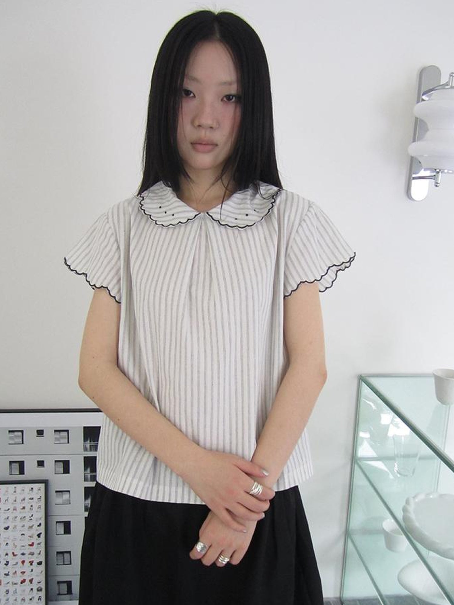 ang project Striped Ruffle Collar Blouse