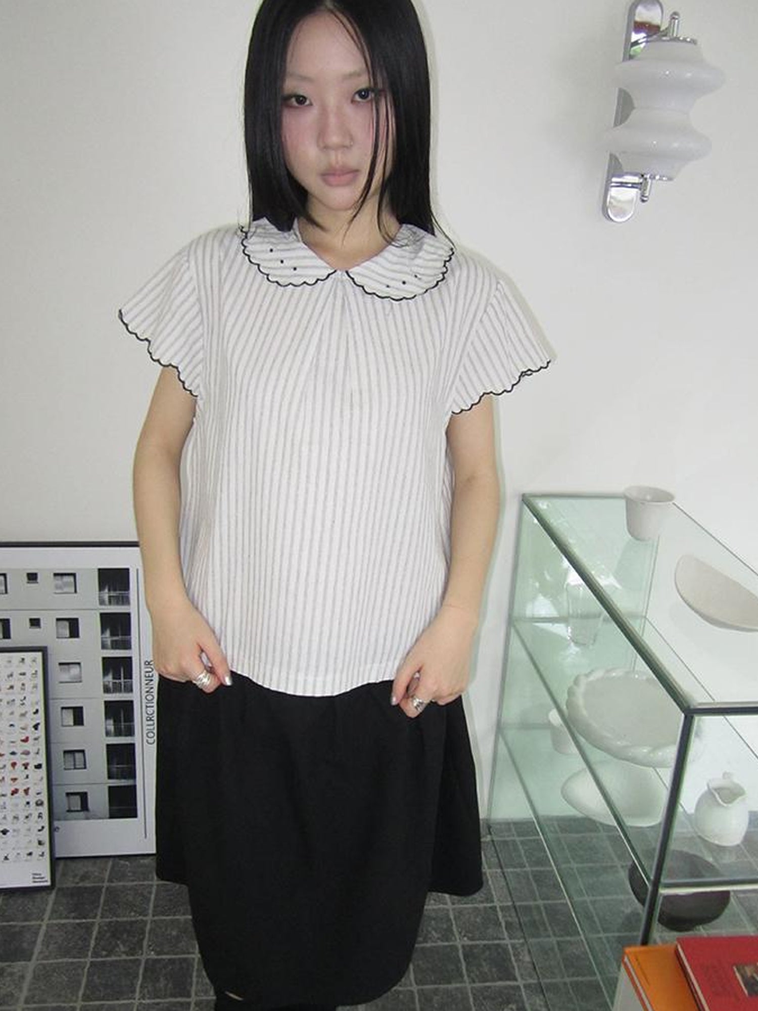 ang project Striped Ruffle Collar Blouse