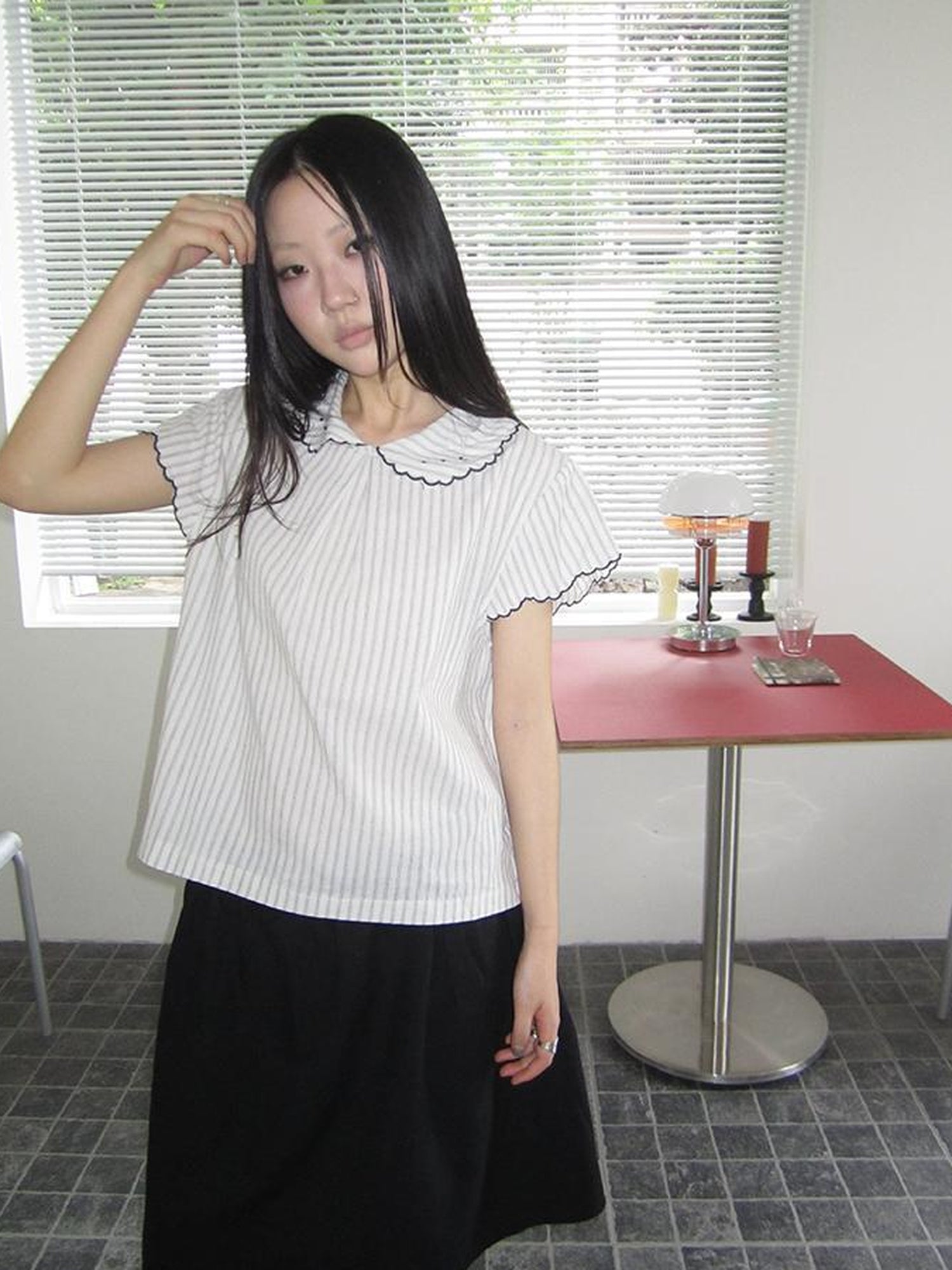 ang project Striped Ruffle Collar Blouse