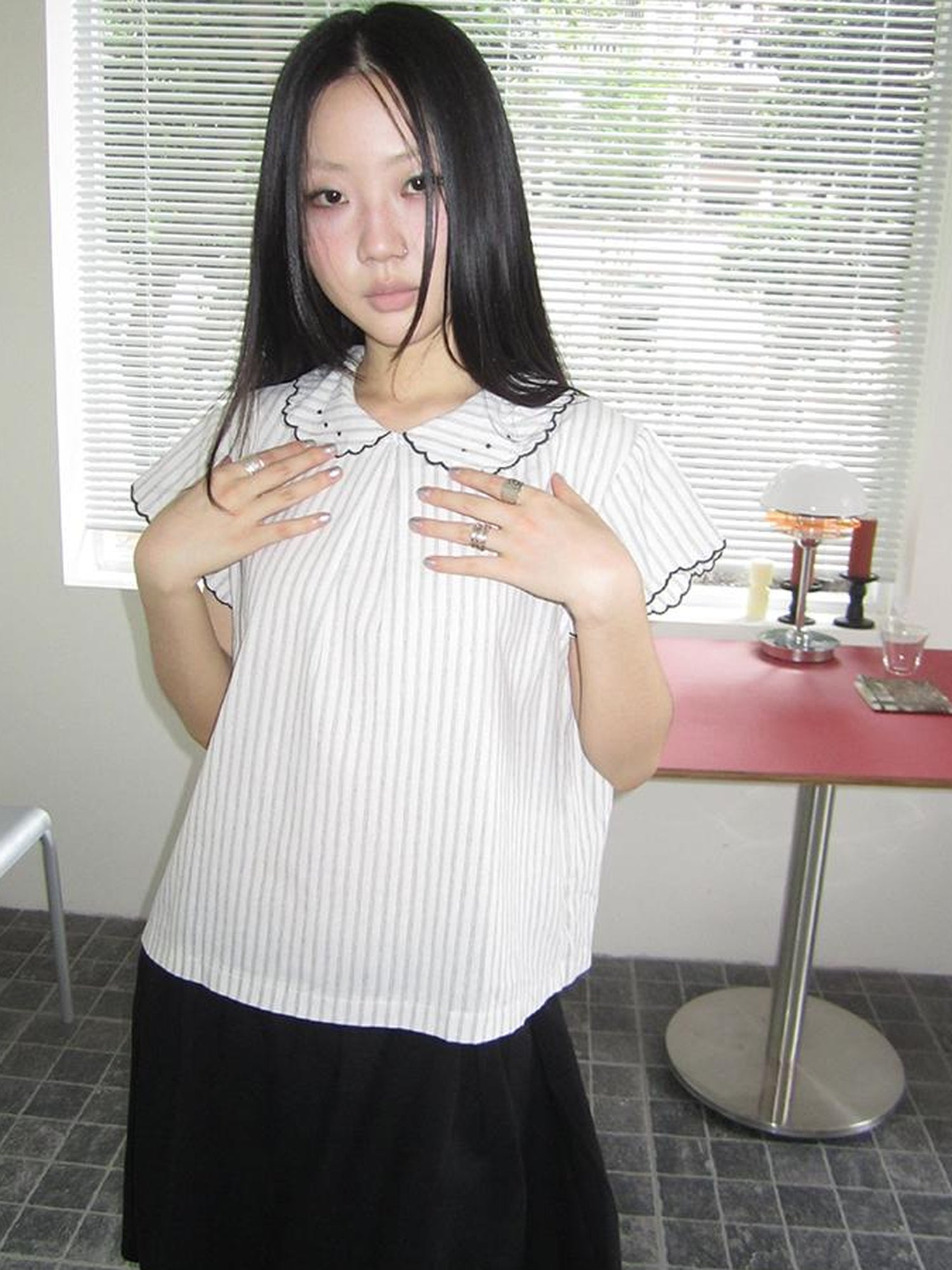ang project Striped Ruffle Collar Blouse