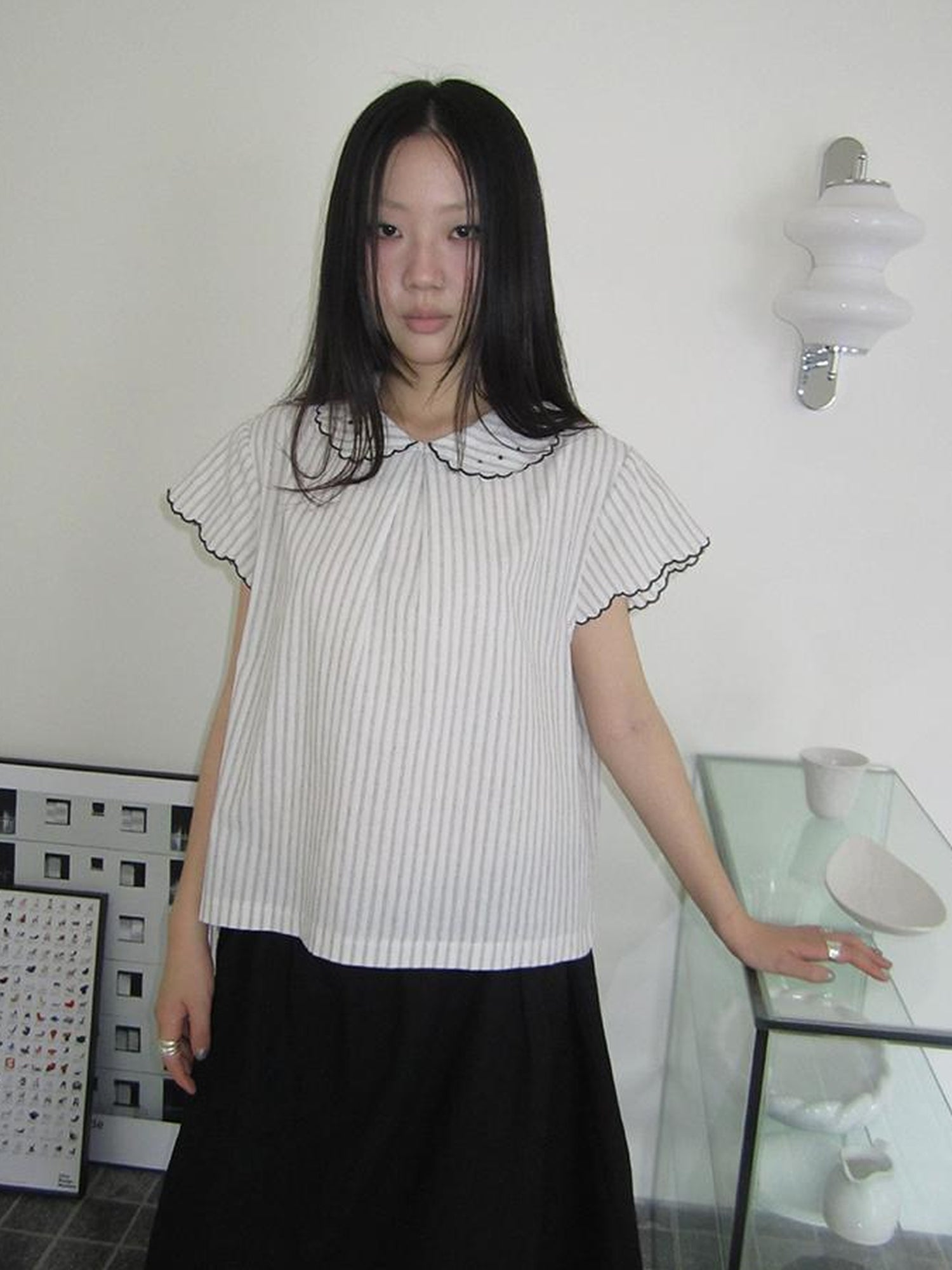 ang project Striped Ruffle Collar Blouse