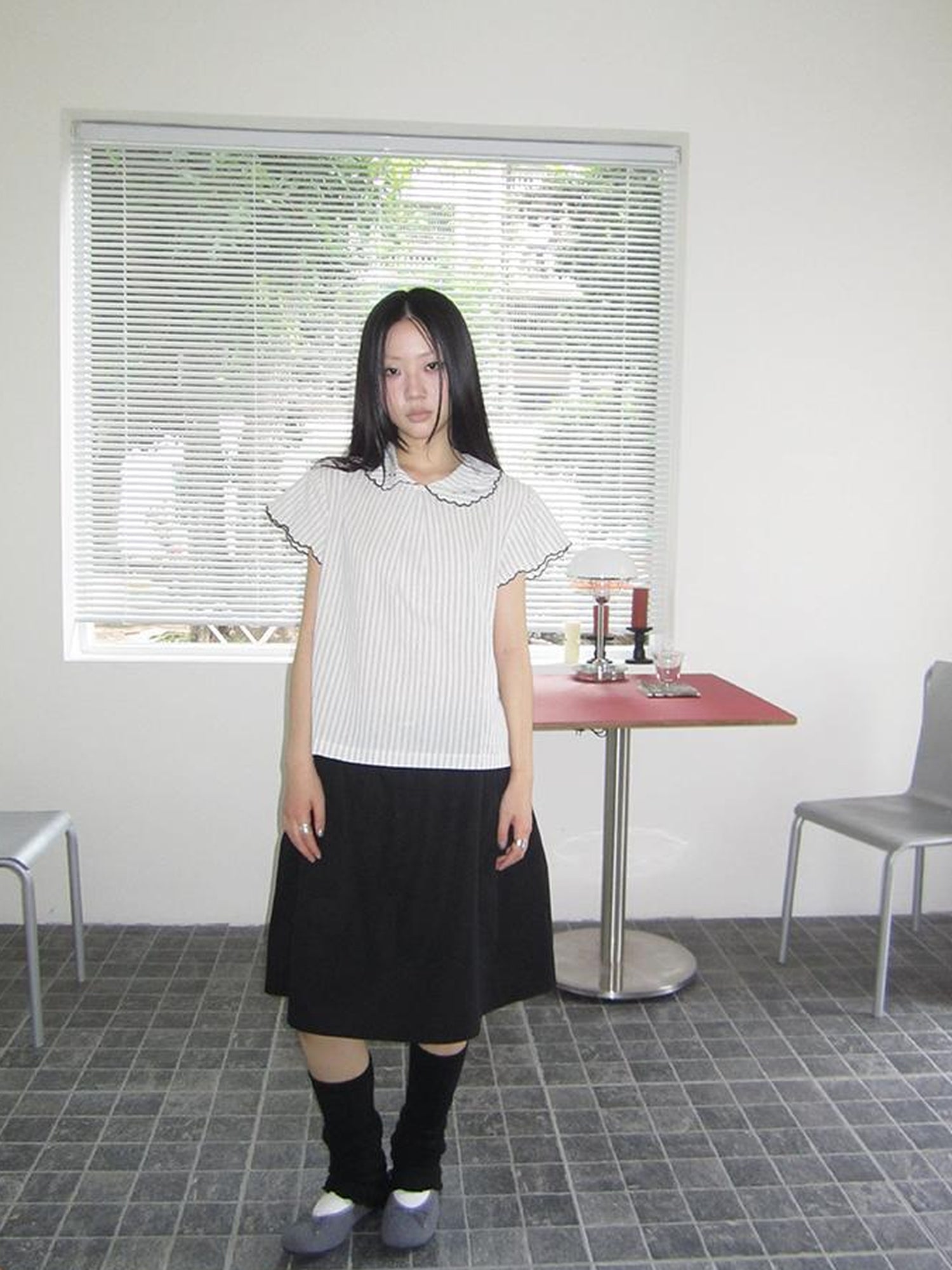 ang project Striped Ruffle Collar Blouse