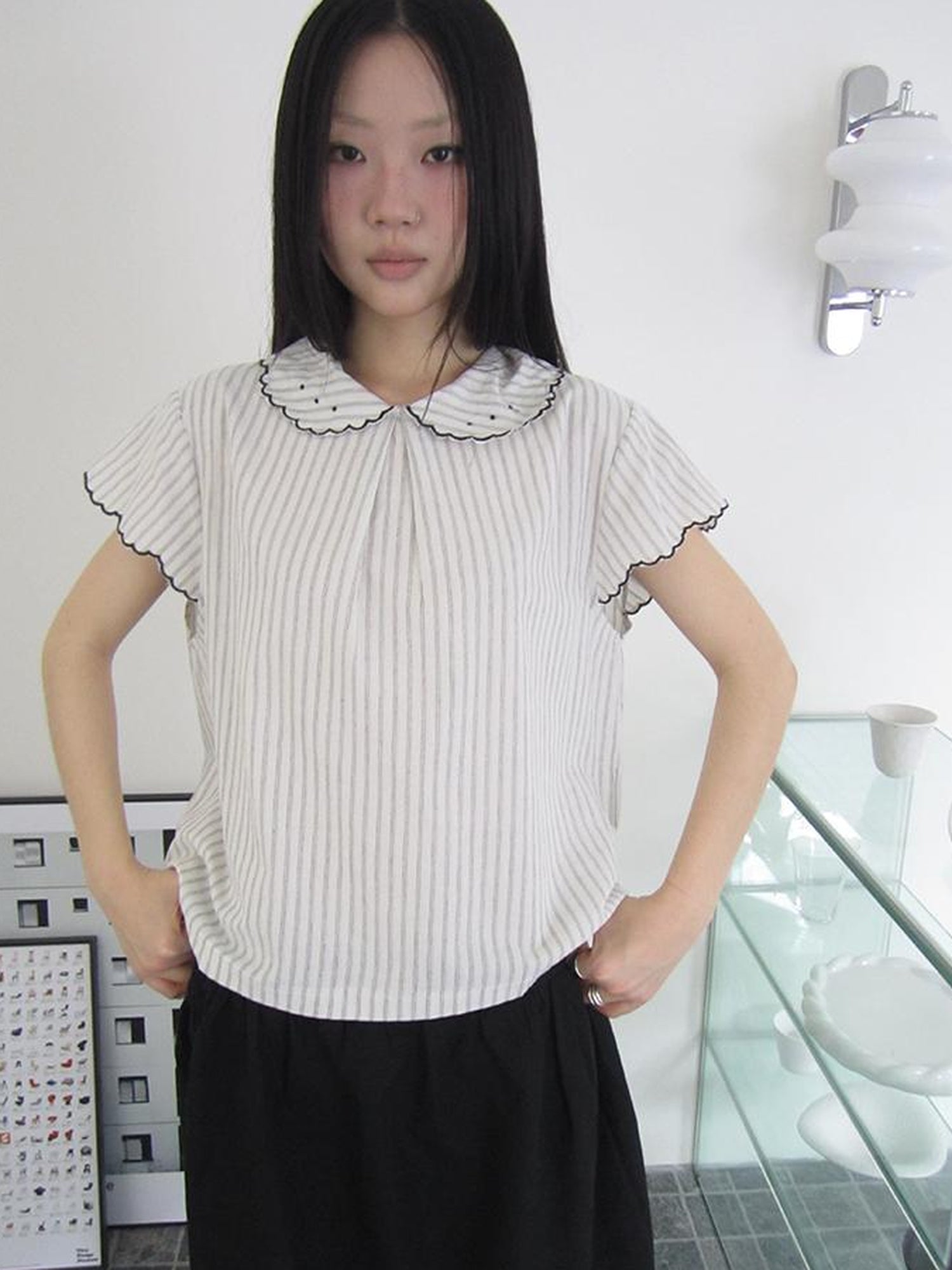 ang project Striped Ruffle Collar Blouse