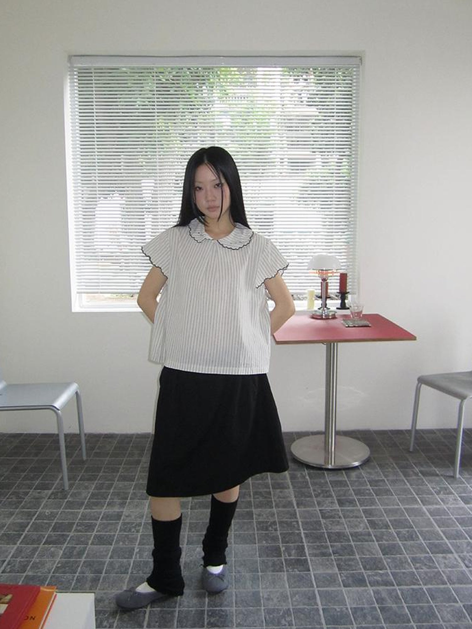 ang project Striped Ruffle Collar Blouse