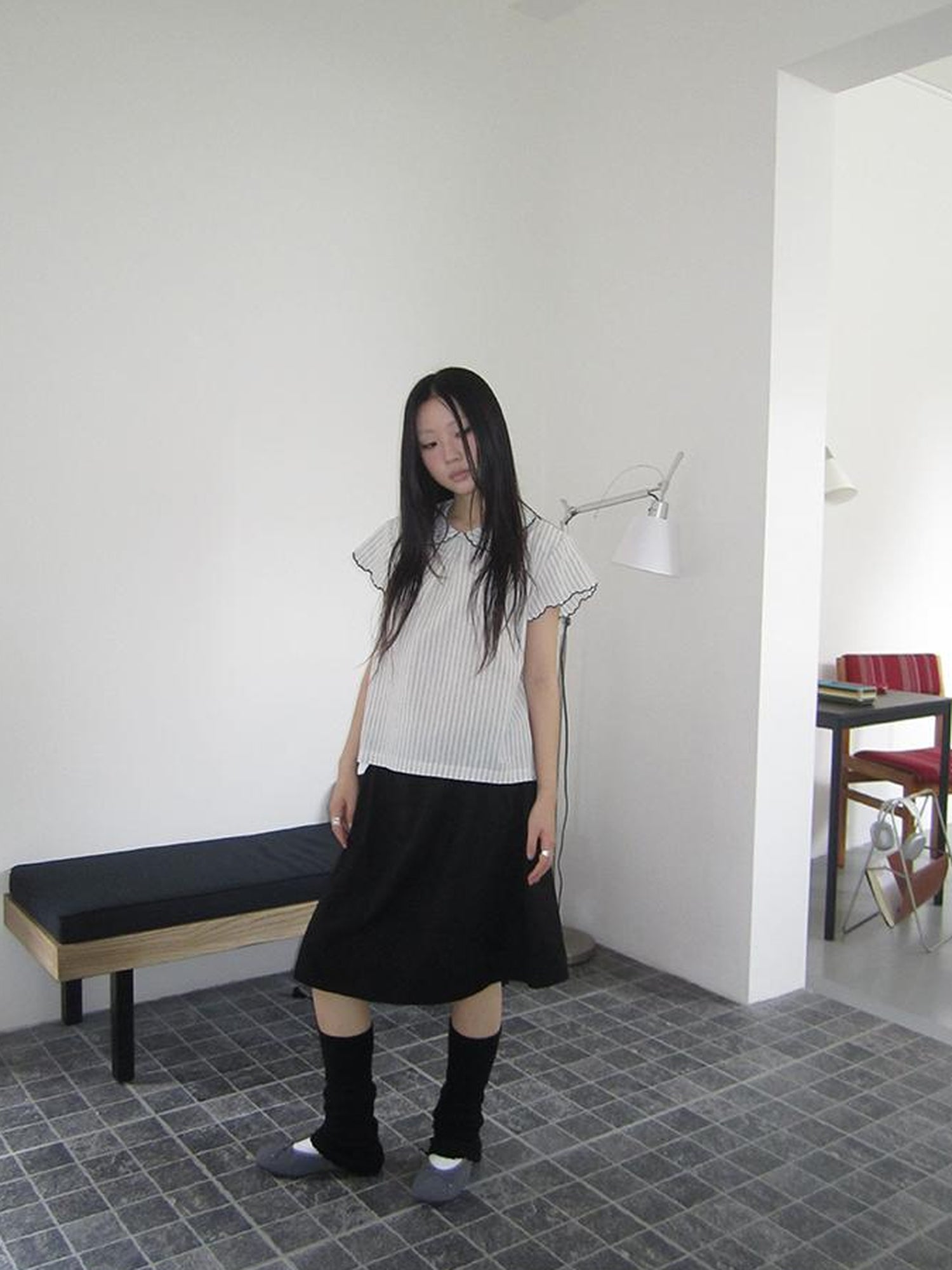 ang project Striped Ruffle Collar Blouse