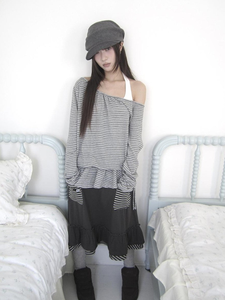ang project Striped Two Piece Look Off Shoulder Halter Women&