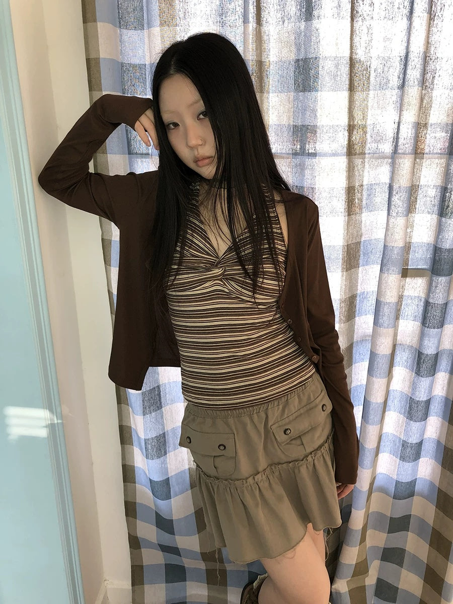 ang project Striped Vintage Cropped V Neck Two Piece Set Women Pullover T-Shirt