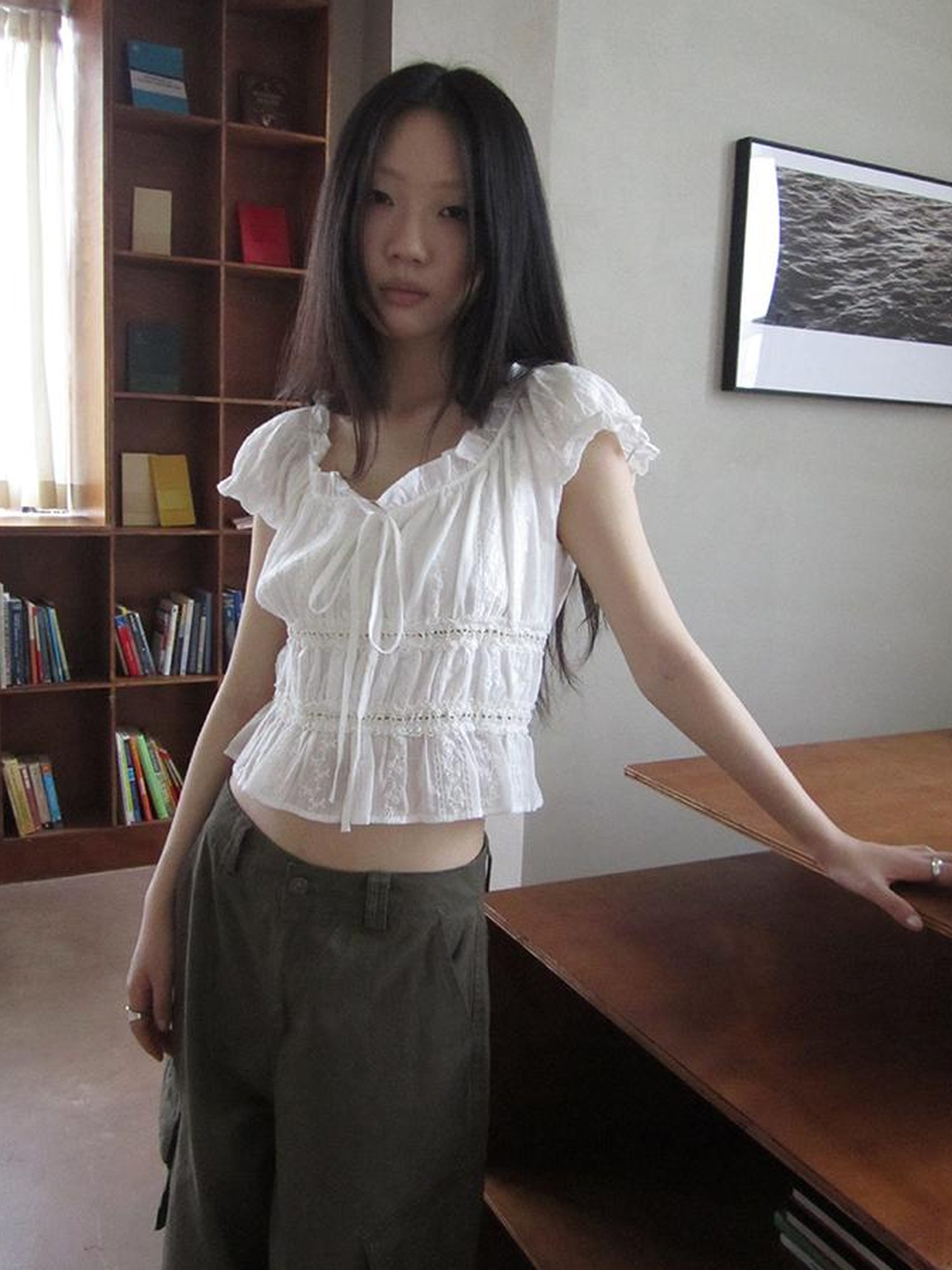 ang project Summer Ballet V-Neck Pleated Waist Shirt