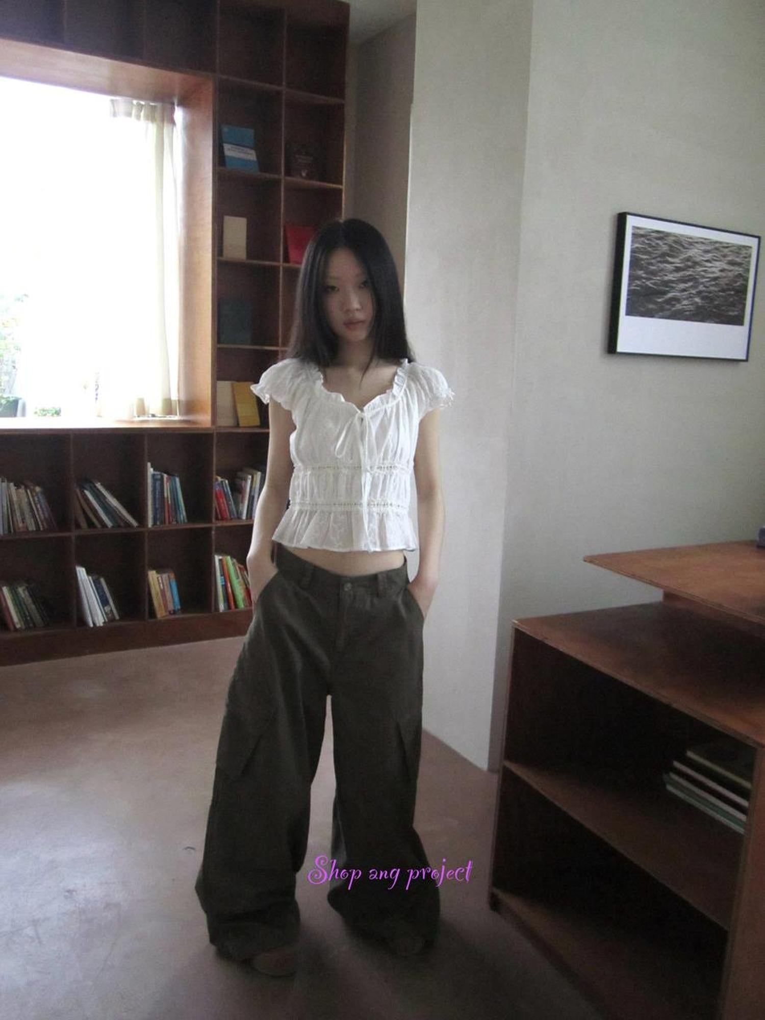 ang project Summer Ballet V-Neck Pleated Waist Shirt