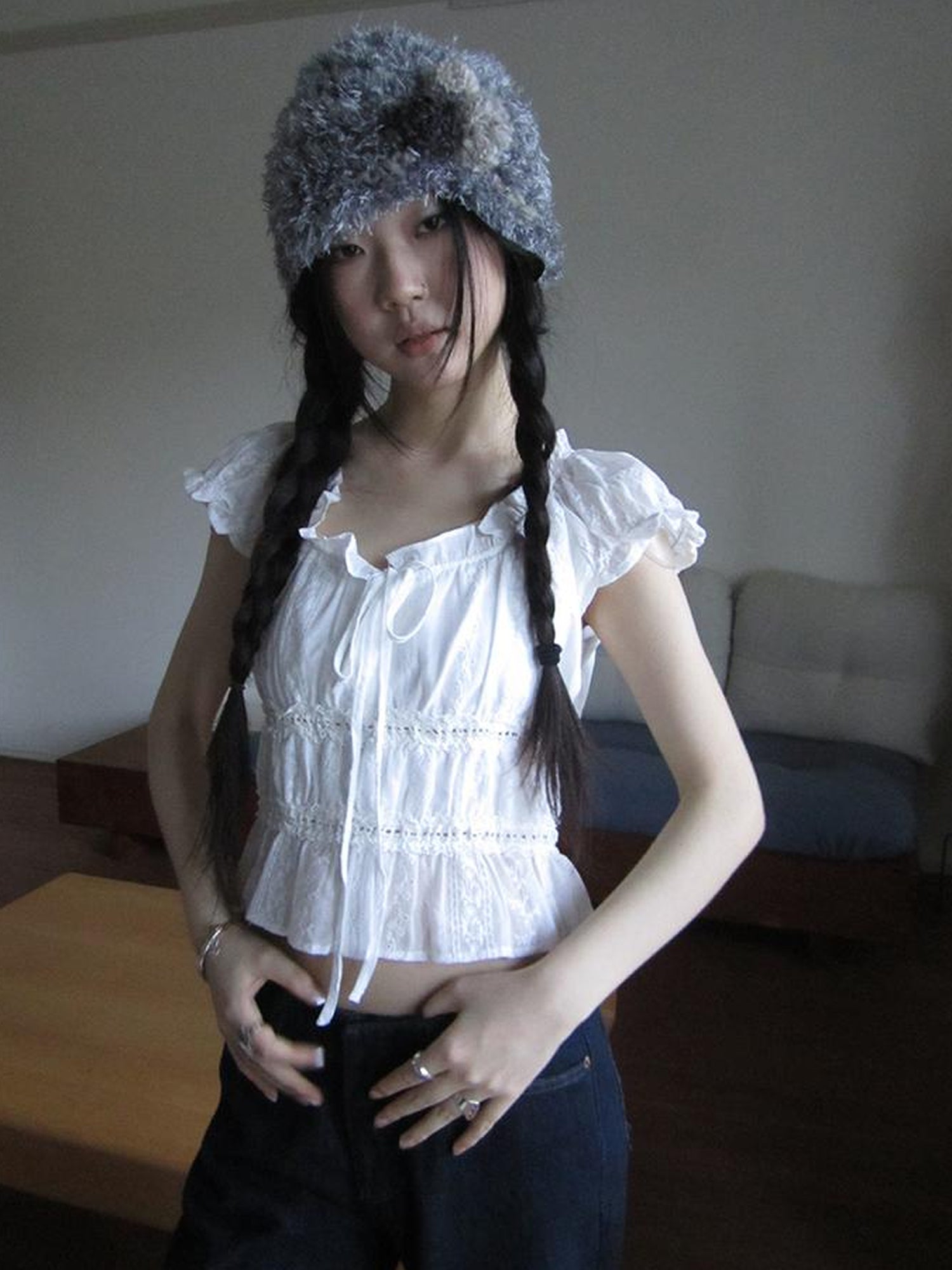 ang project Summer Ballet V-Neck Pleated Waist Shirt