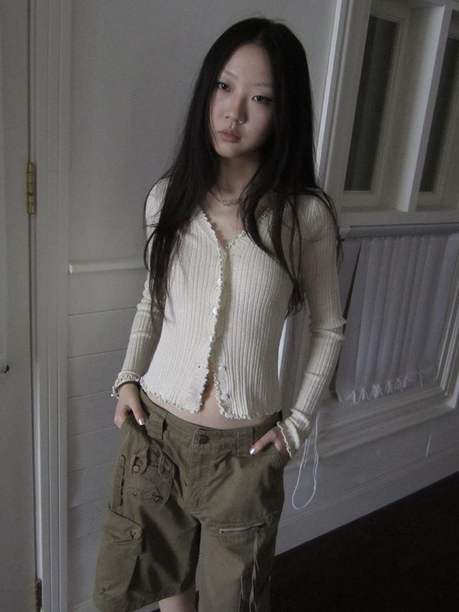 ang project Summer Lightweight Lace Trim V-Neck Knit Cardigan