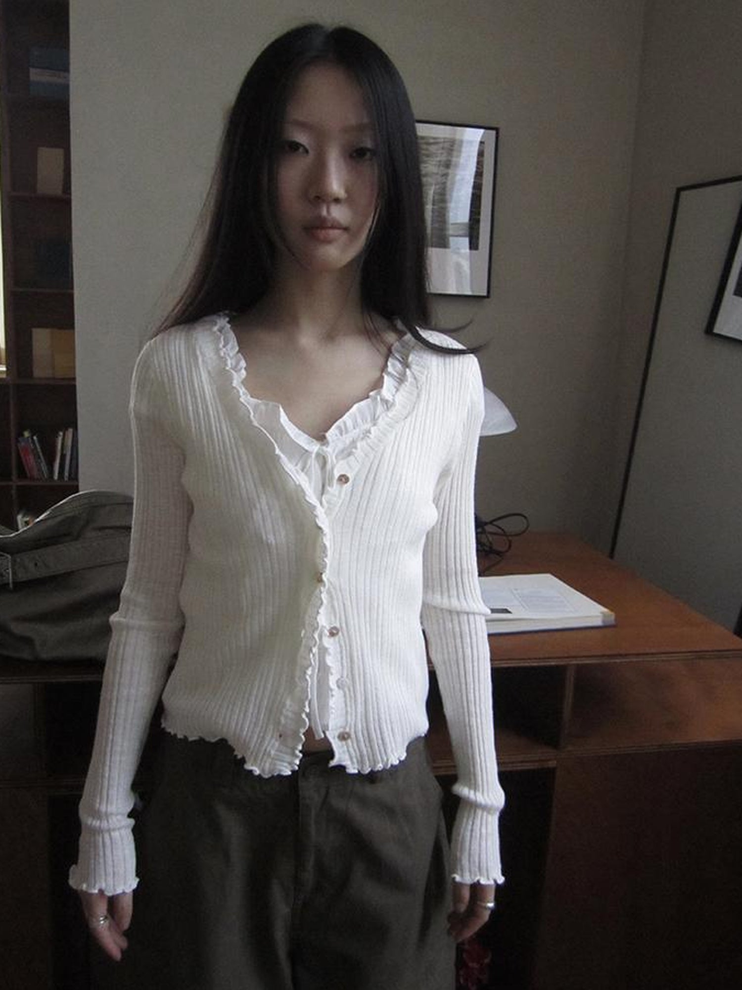 ang project Summer Lightweight Lace Trim V-Neck Knit Cardigan