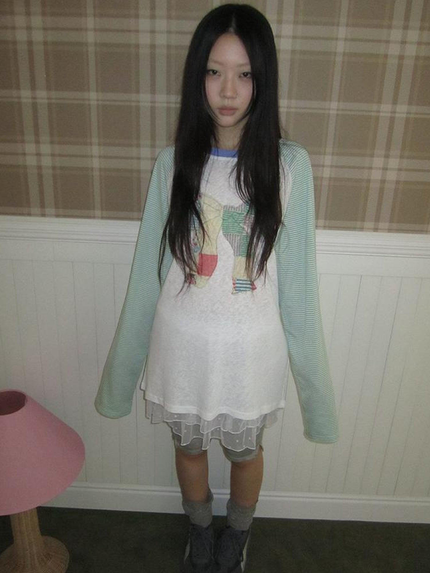 Updateang project Summer Loose Butterfly Print Striped Raglan Tee