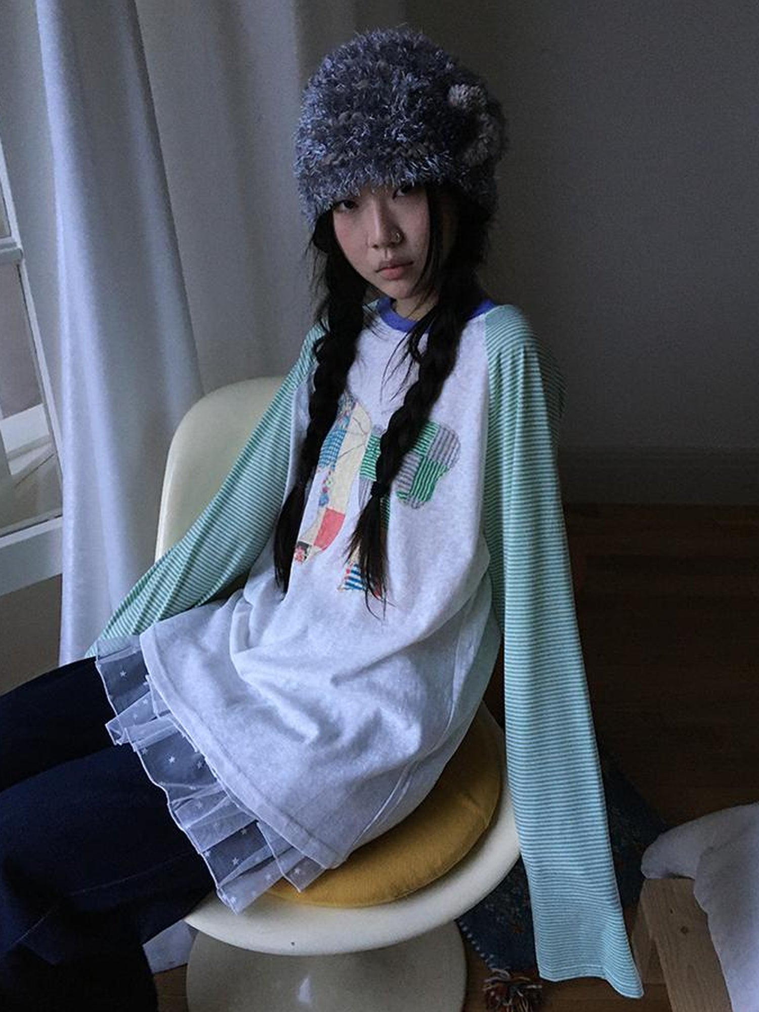 Updateang project Summer Loose Butterfly Print Striped Raglan Tee