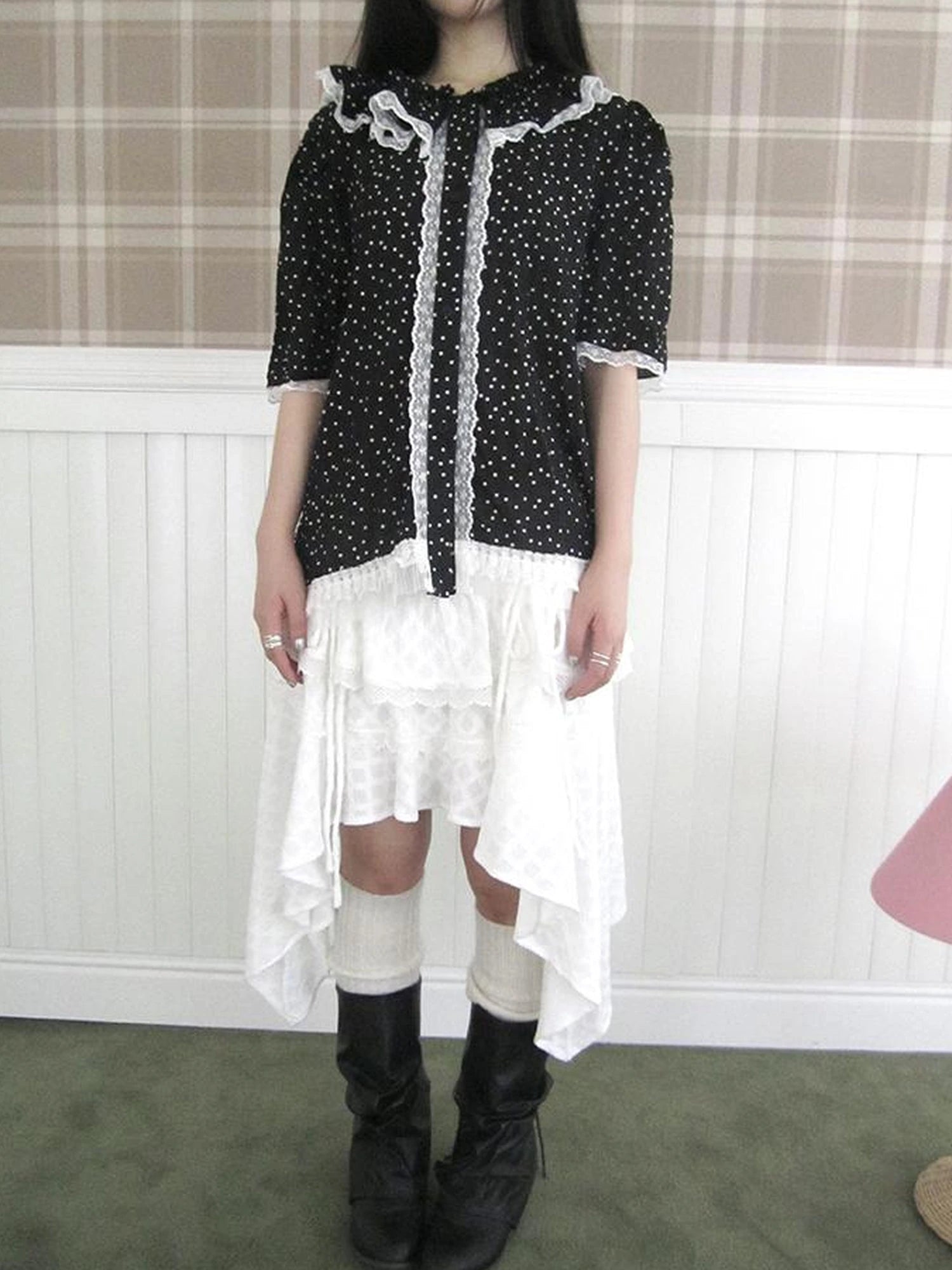 Summer Polka Dot Print Loose Lace Trim Button Short Sleeve Shirt