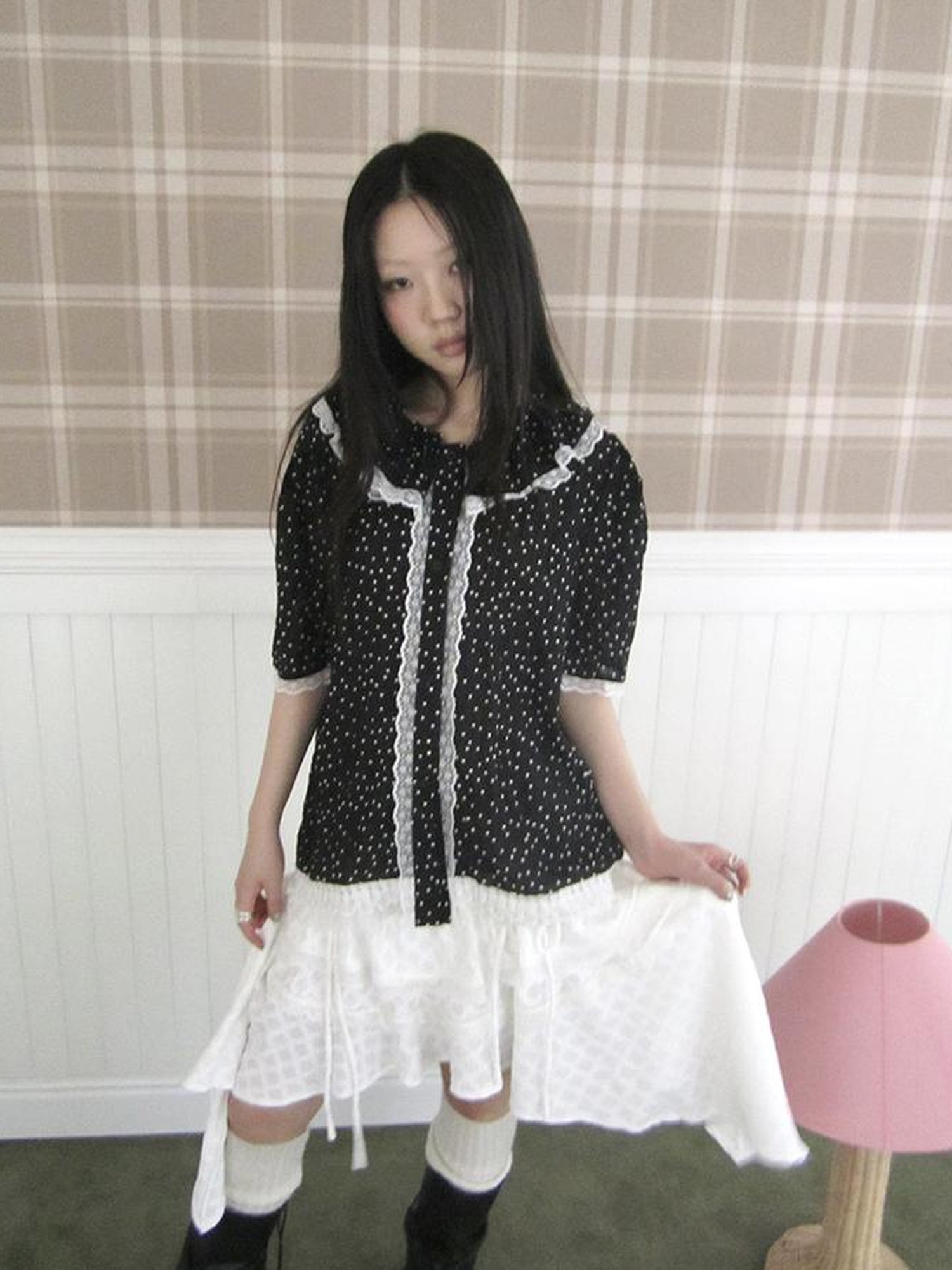 ang project Summer Polka Dot Print Loose Lace Trim Button Short Sleeve Shirt