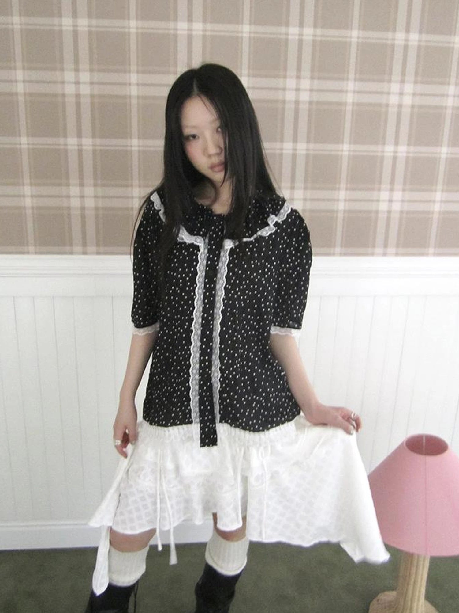 Summer Polka Dot Print Loose Lace Trim Button Short Sleeve Shirt