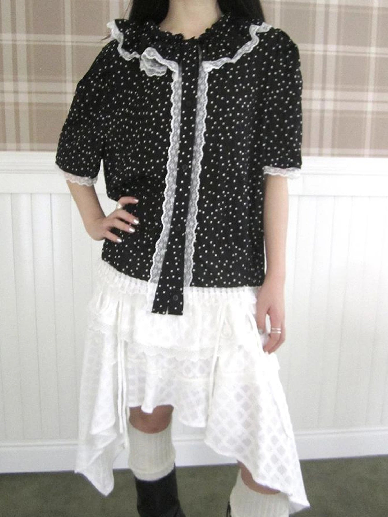 Summer Polka Dot Print Loose Lace Trim Button Short Sleeve Shirt