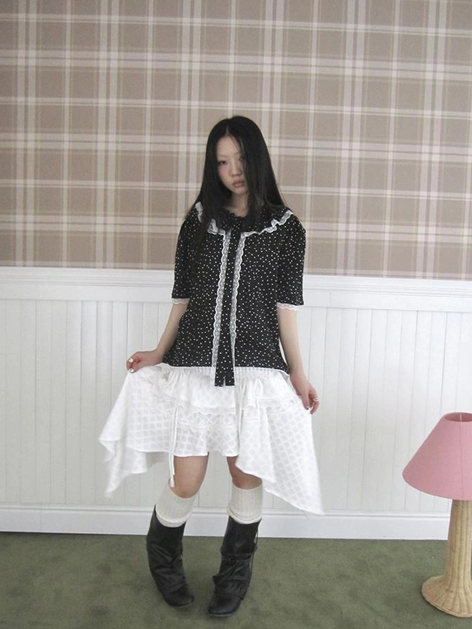 Summer Polka Dot Print Loose Lace Trim Button Short Sleeve Shirt