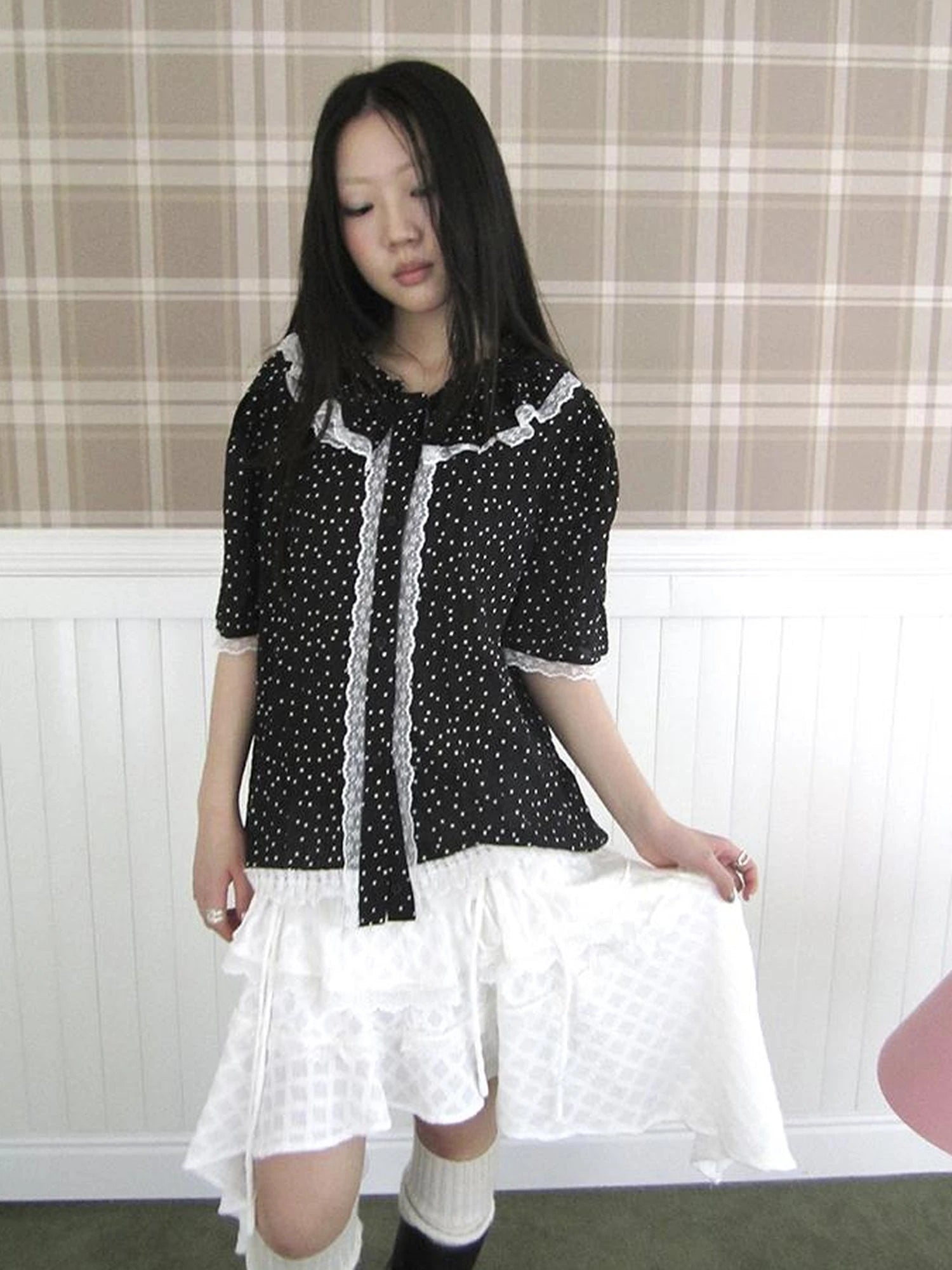 Summer Polka Dot Print Loose Lace Trim Button Short Sleeve Shirt