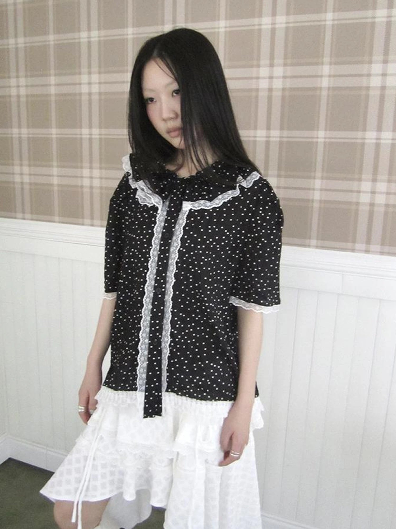 Summer Polka Dot Print Loose Lace Trim Button Short Sleeve Shirt