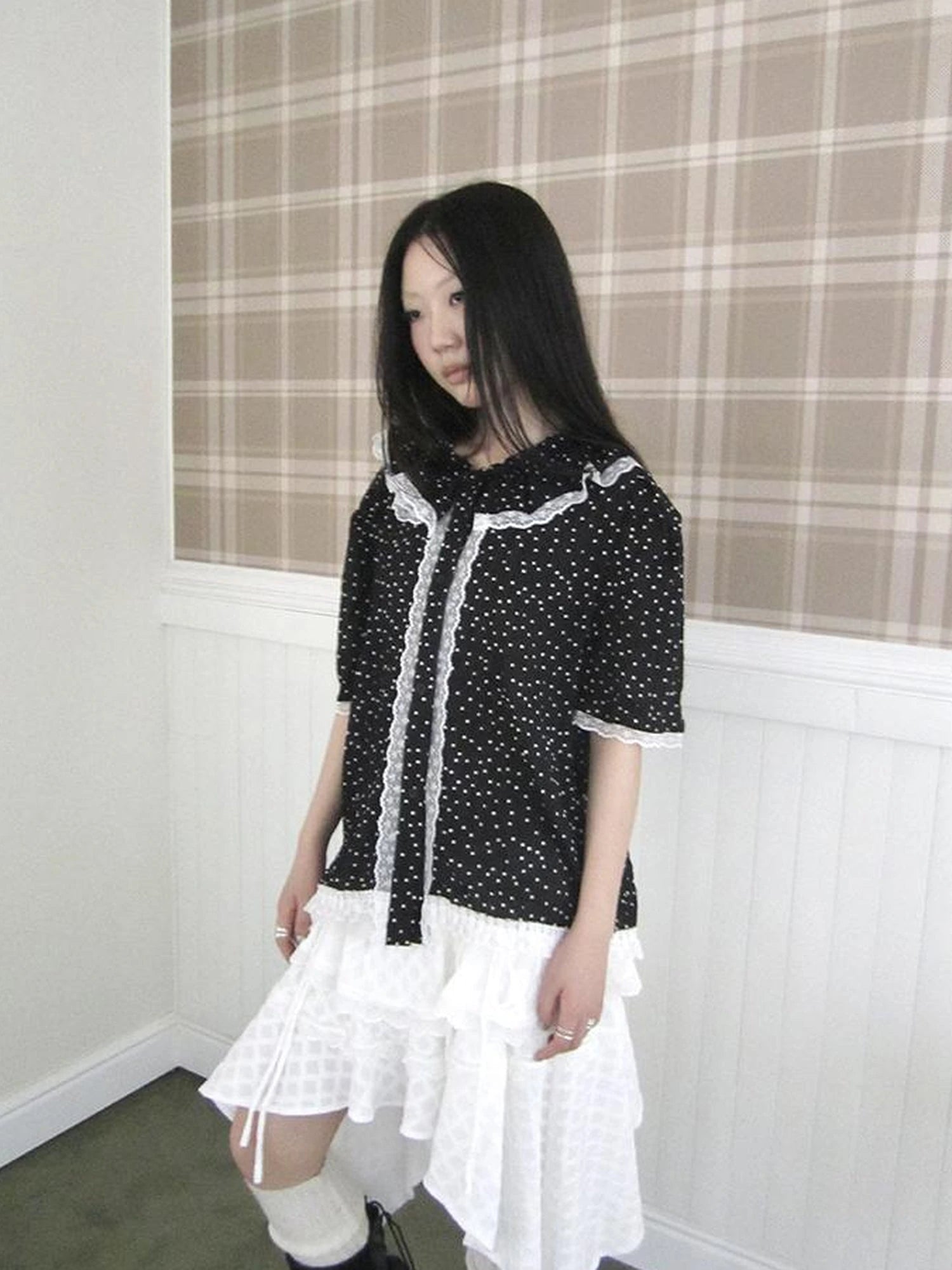 Summer Polka Dot Print Loose Lace Trim Button Short Sleeve Shirt