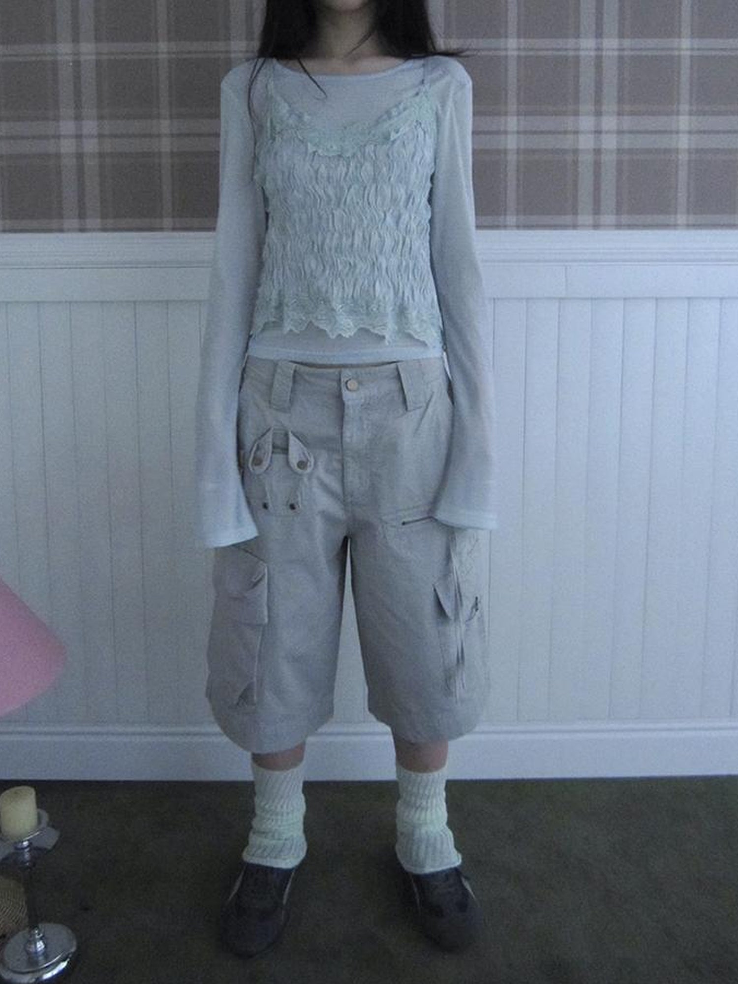 Updateang project Summer Textured Lace Sleeve Layering Vest Set