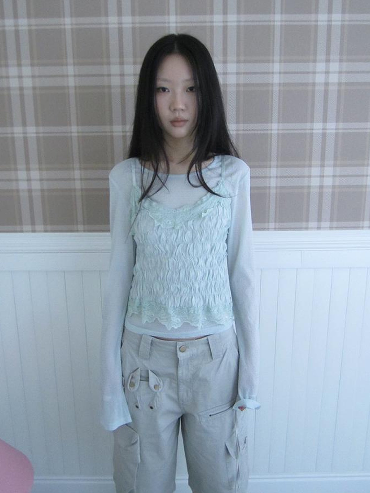 Updateang project Summer Textured Lace Sleeve Layering Vest Set