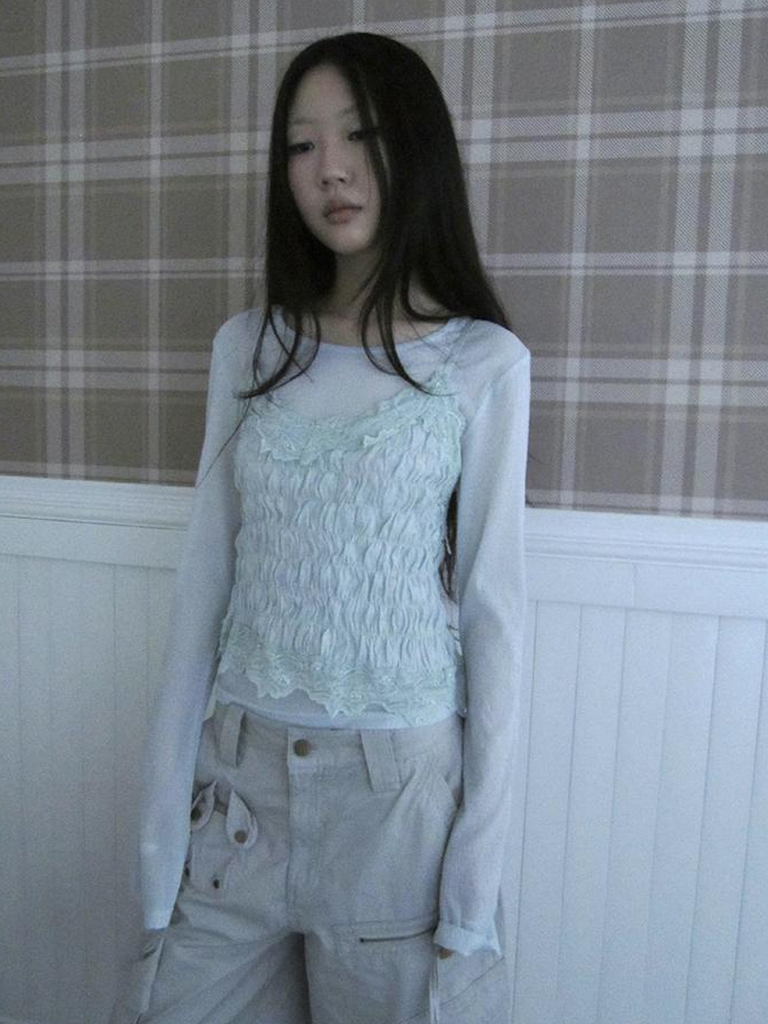 Updateang project Summer Textured Lace Sleeve Layering Vest Set