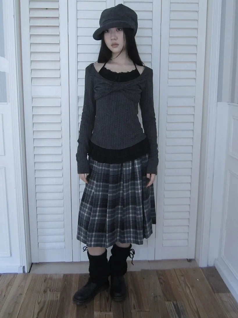 ang project Textured Blend Layered Neck Tie Long Sleeve Tee T-shirt