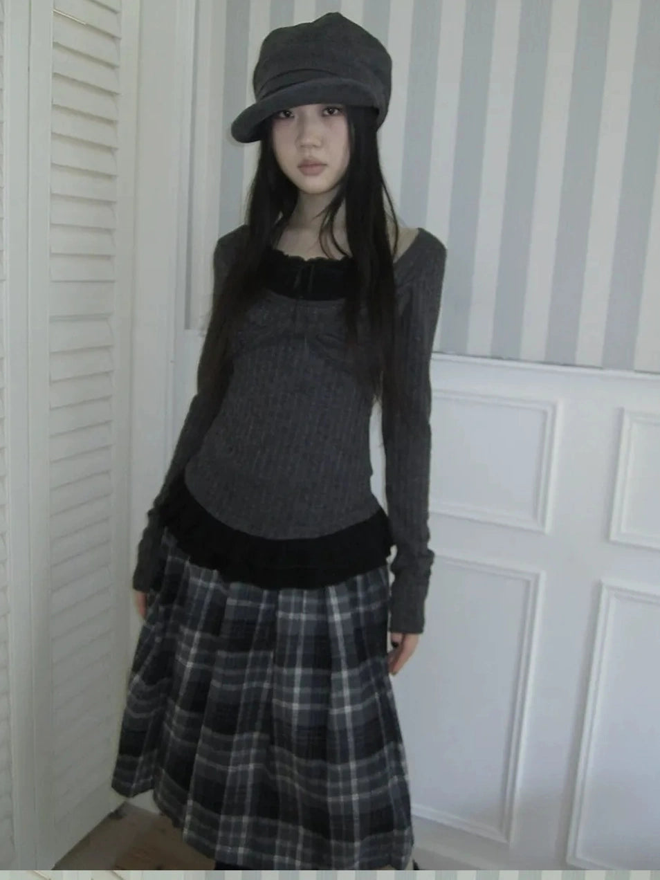 ang project Textured Blend Layered Neck Tie Long Sleeve Tee T-shirt